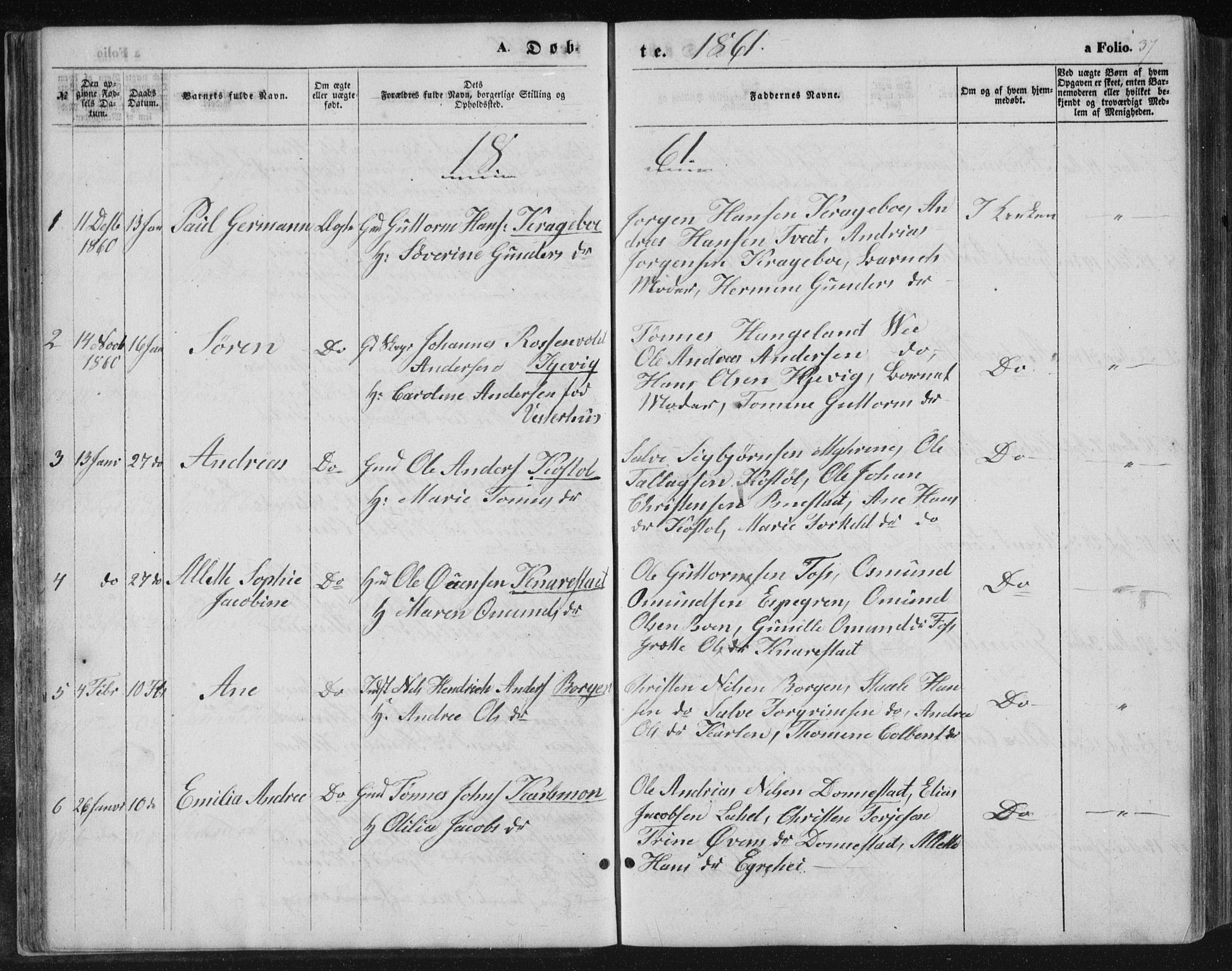 Tveit sokneprestkontor, AV/SAK-1111-0043/F/Fb/L0003: Parish register (copy) no. B 3, 1854-1886, p. 37