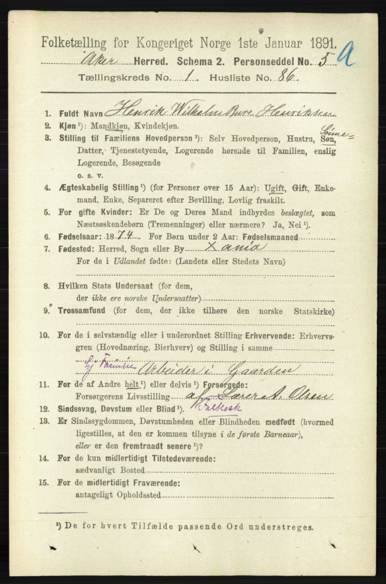 RA, 1891 census for 0218 Aker, 1891, p. 1173