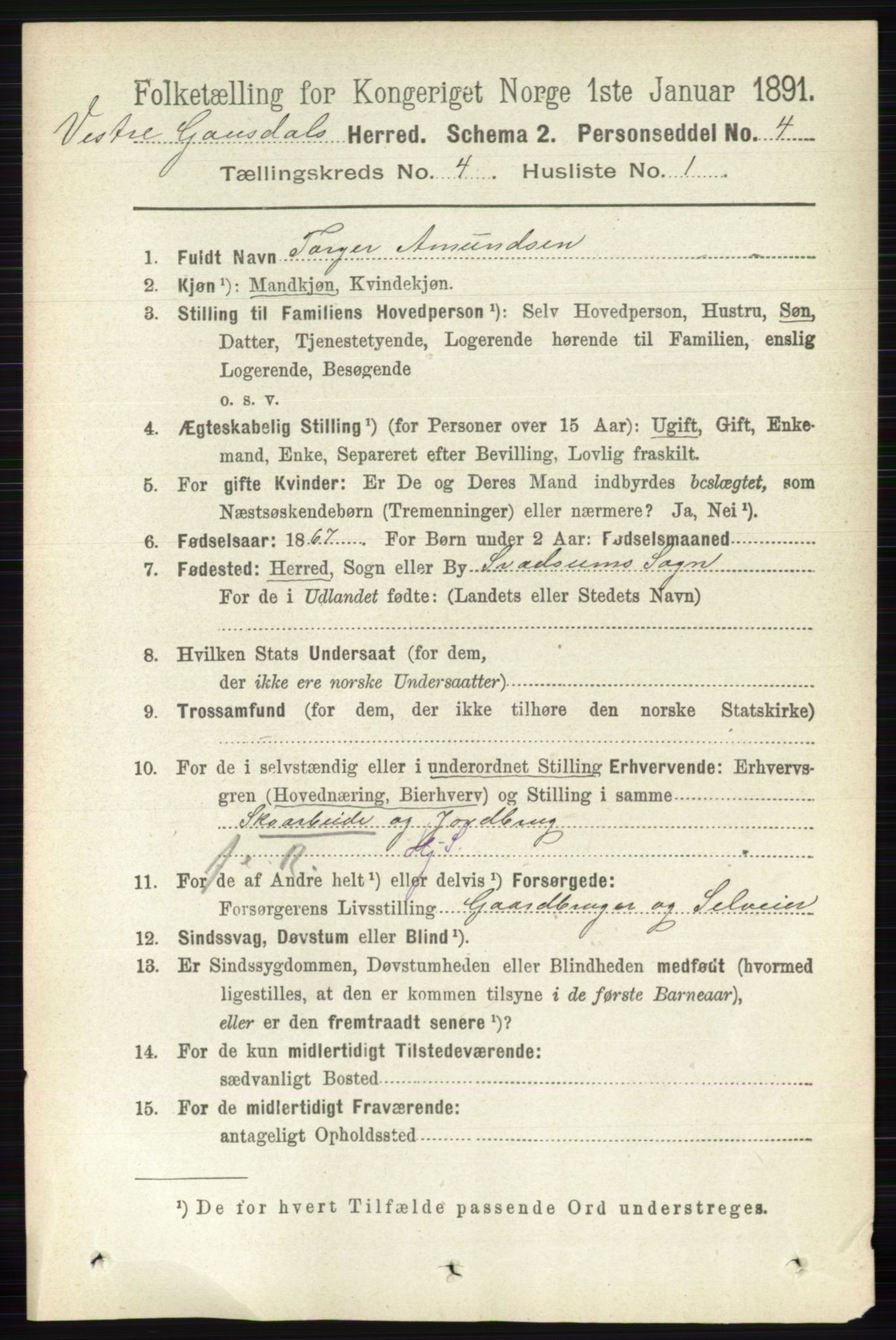 RA, 1891 census for 0523 Vestre Gausdal, 1891, p. 1714