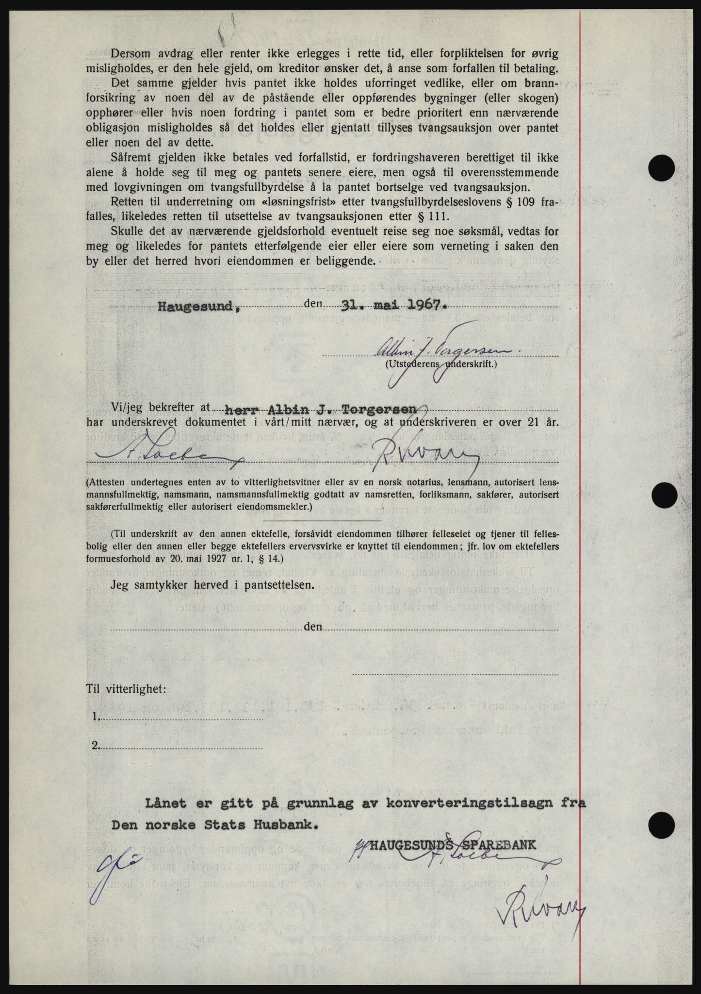 Haugesund tingrett, SAST/A-101415/01/II/IIC/L0056: Mortgage book no. B 56, 1966-1967, Diary no: : 1396/1967