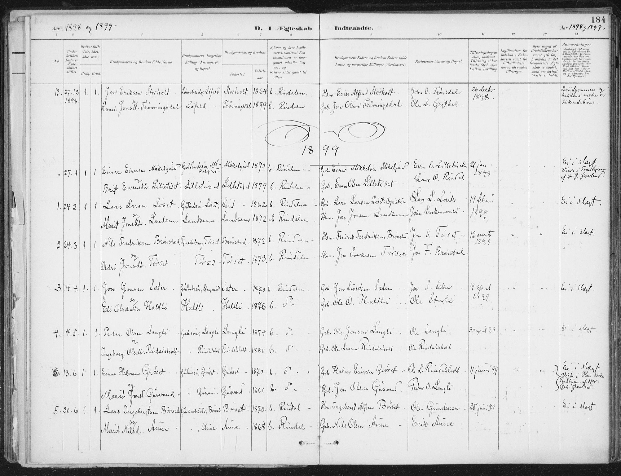 Ministerialprotokoller, klokkerbøker og fødselsregistre - Møre og Romsdal, SAT/A-1454/598/L1072: Parish register (official) no. 598A06, 1896-1910, p. 184
