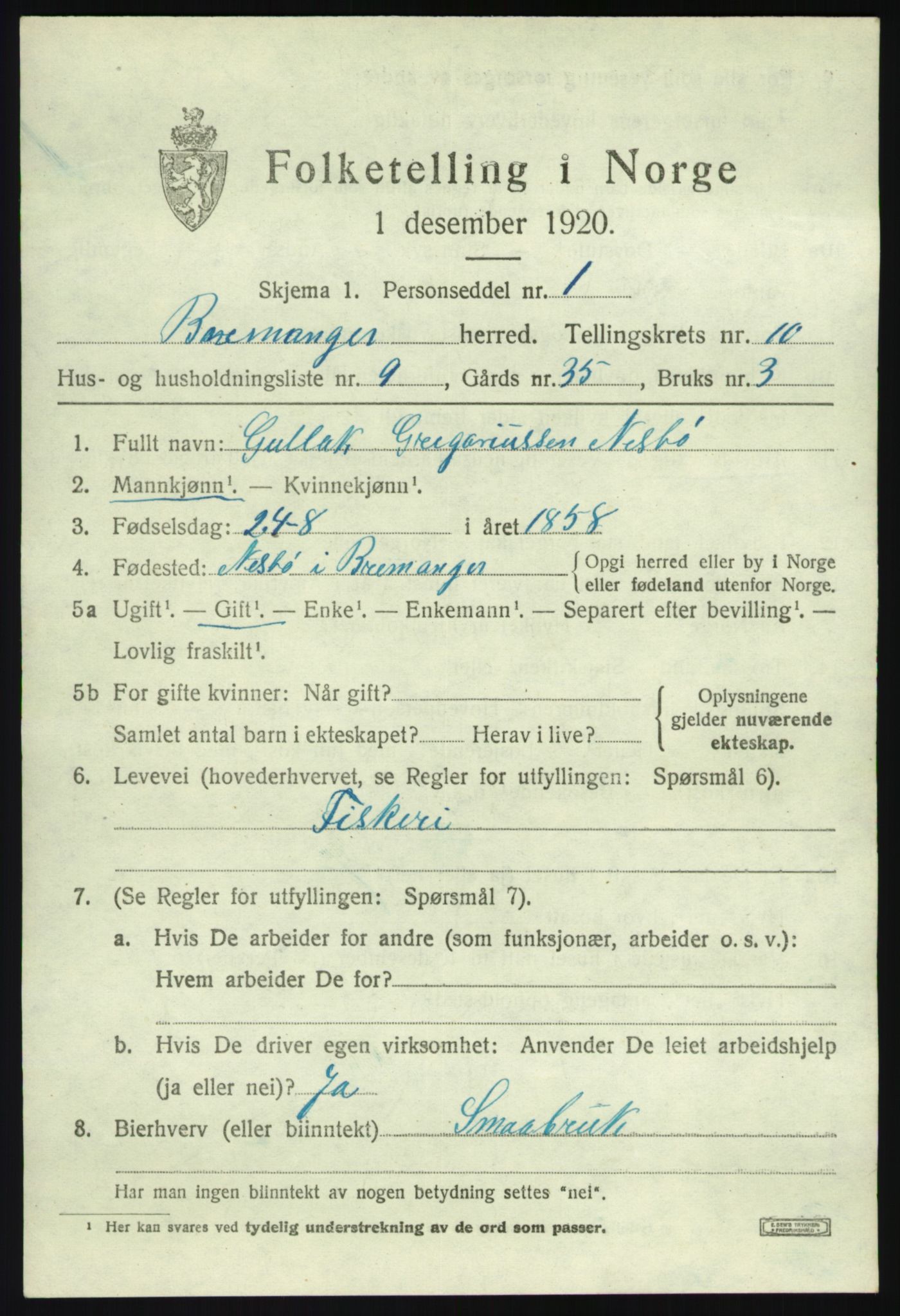 SAB, 1920 census for Bremanger, 1920, p. 5516