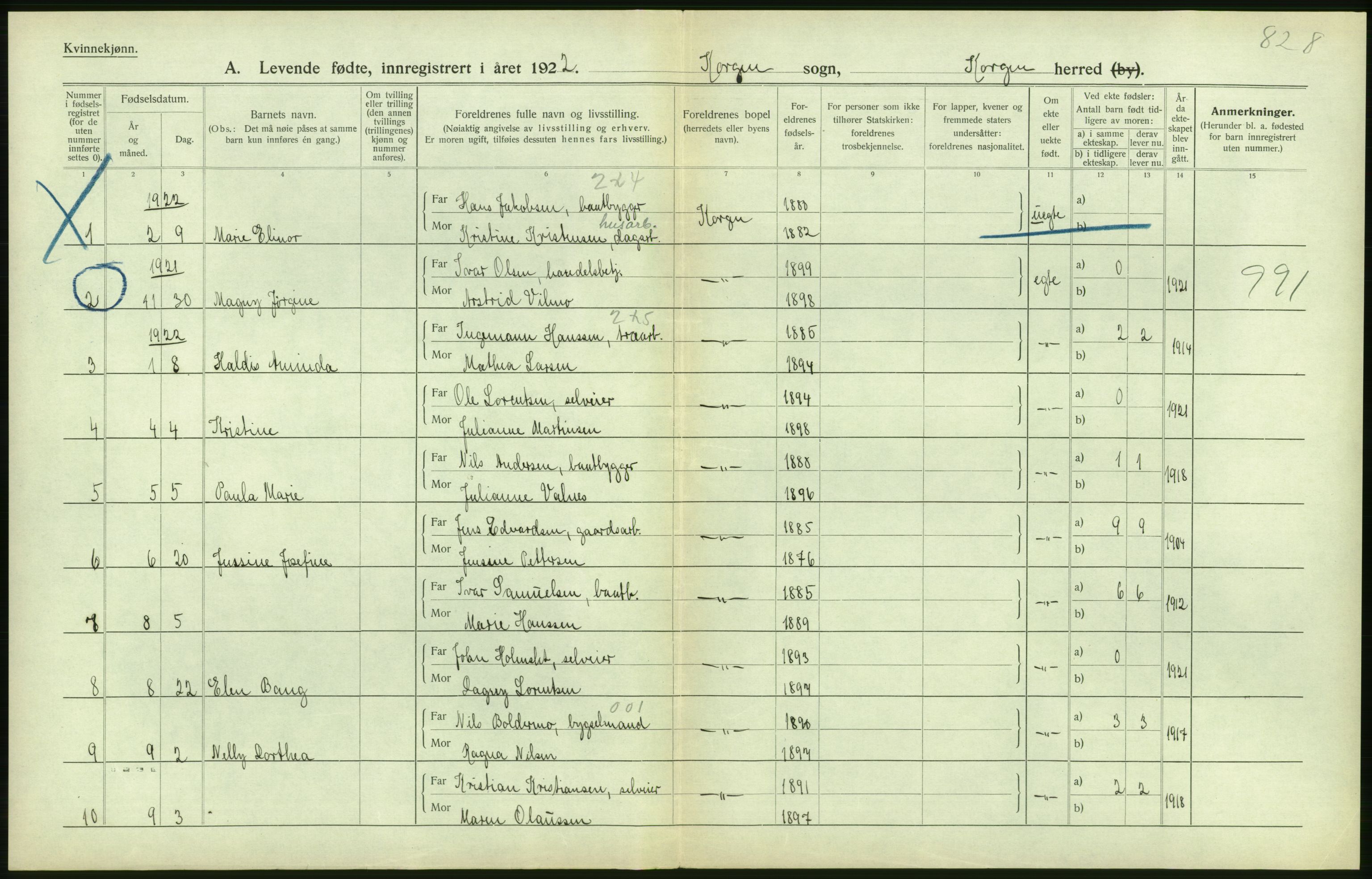 Statistisk sentralbyrå, Sosiodemografiske emner, Befolkning, RA/S-2228/D/Df/Dfc/Dfcb/L0044: Nordland fylke: Levendefødte menn og kvinner. Bygder og byer., 1922, p. 262