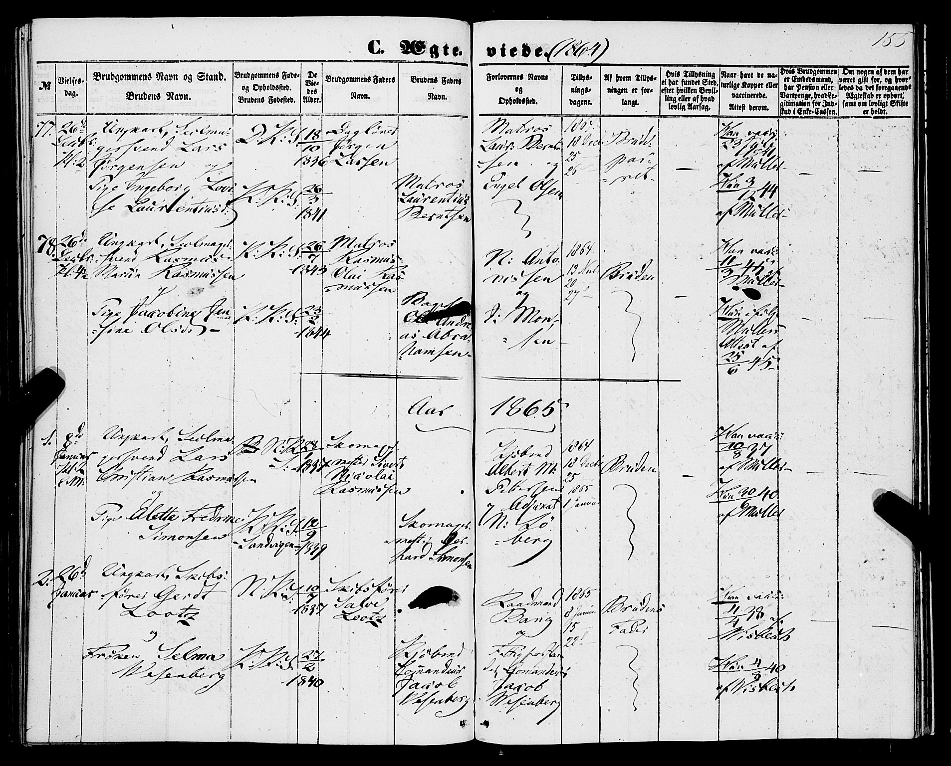 Korskirken sokneprestembete, SAB/A-76101/H/Haa/L0035: Parish register (official) no. D 2, 1852-1867, p. 155
