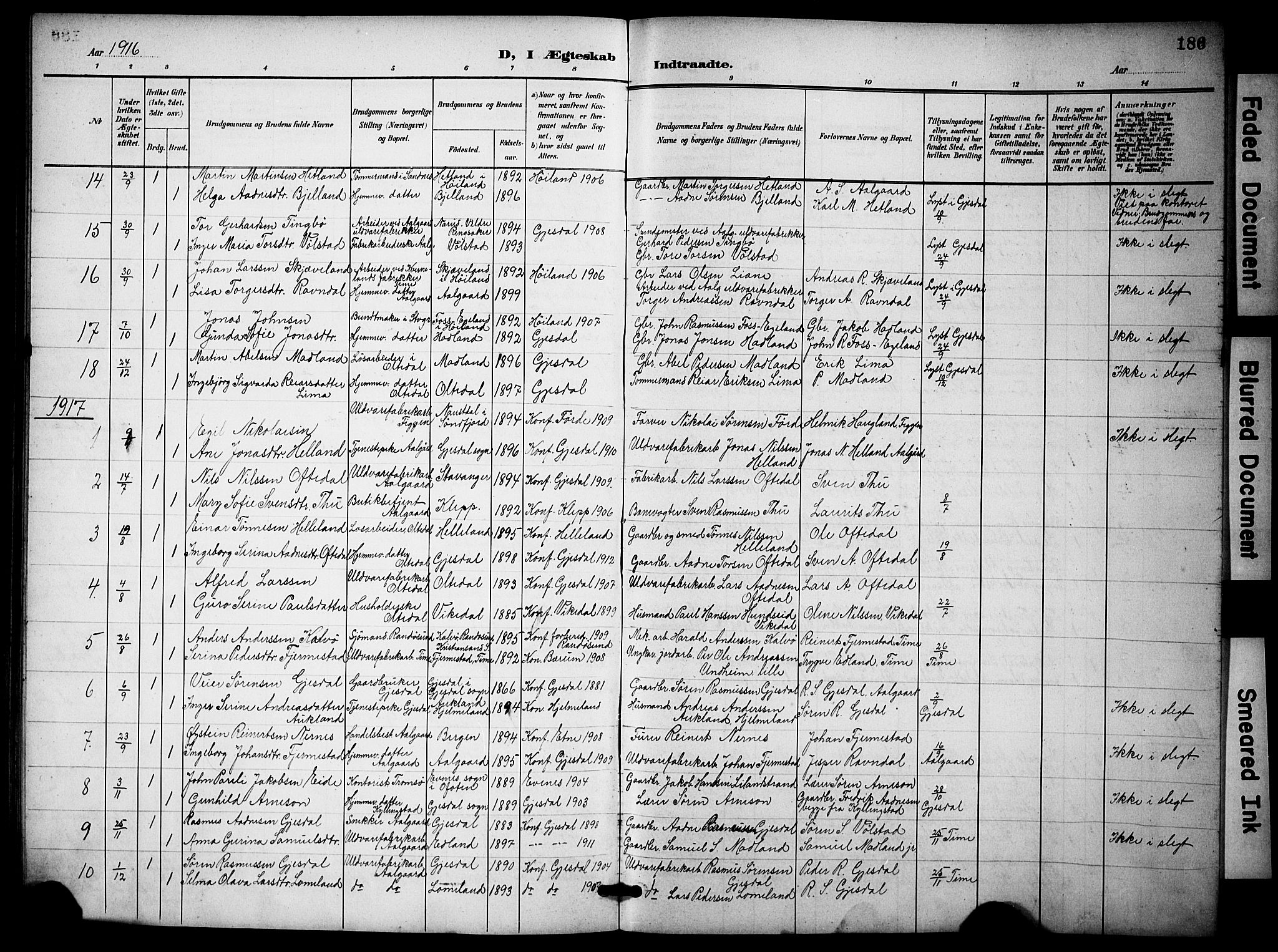 Lye sokneprestkontor, SAST/A-101794/001/30BB/L0009: Parish register (copy) no. B 9, 1902-1923, p. 186