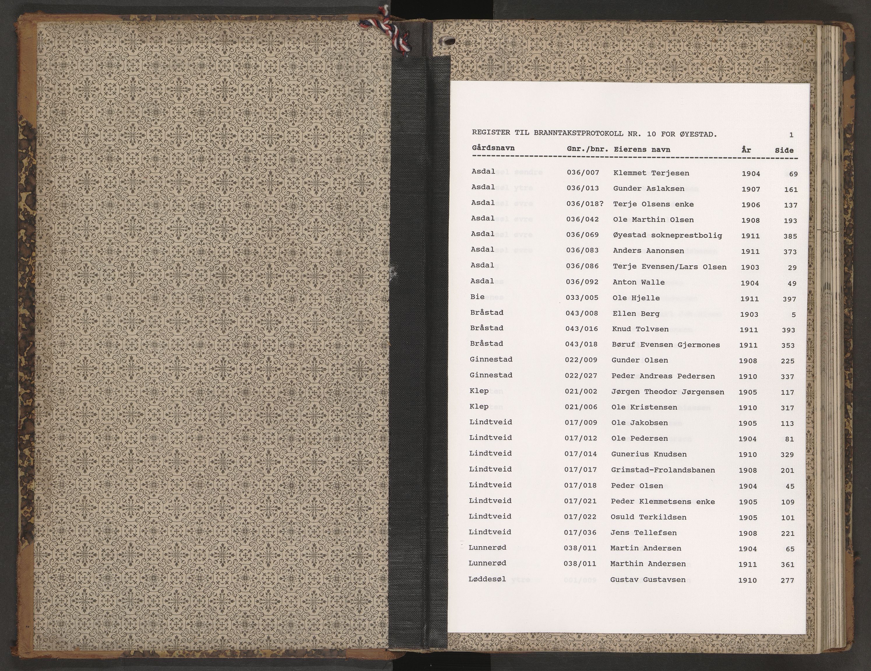 Norges Brannkasse Øyestad, AV/SAK-2241-0059/F/Fa/L0010: Branntakstprotokoll nr. 10 med gårdsnavnregister, 1903-1911