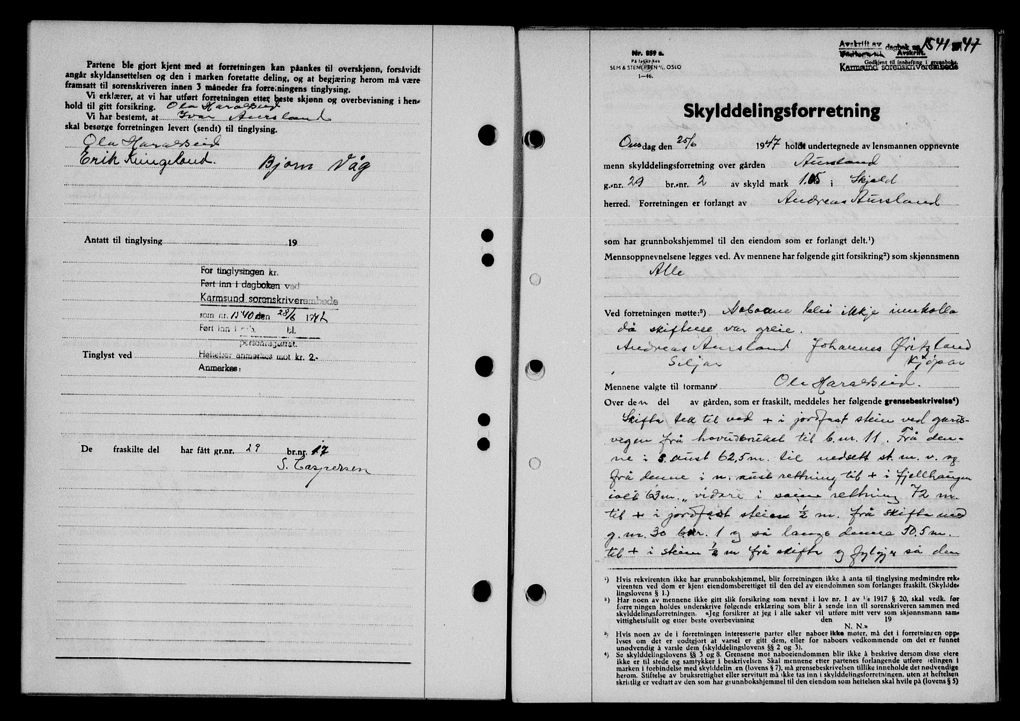 Karmsund sorenskriveri, SAST/A-100311/01/II/IIB/L0090: Mortgage book no. 70A, 1947-1947, Diary no: : 1541/1947