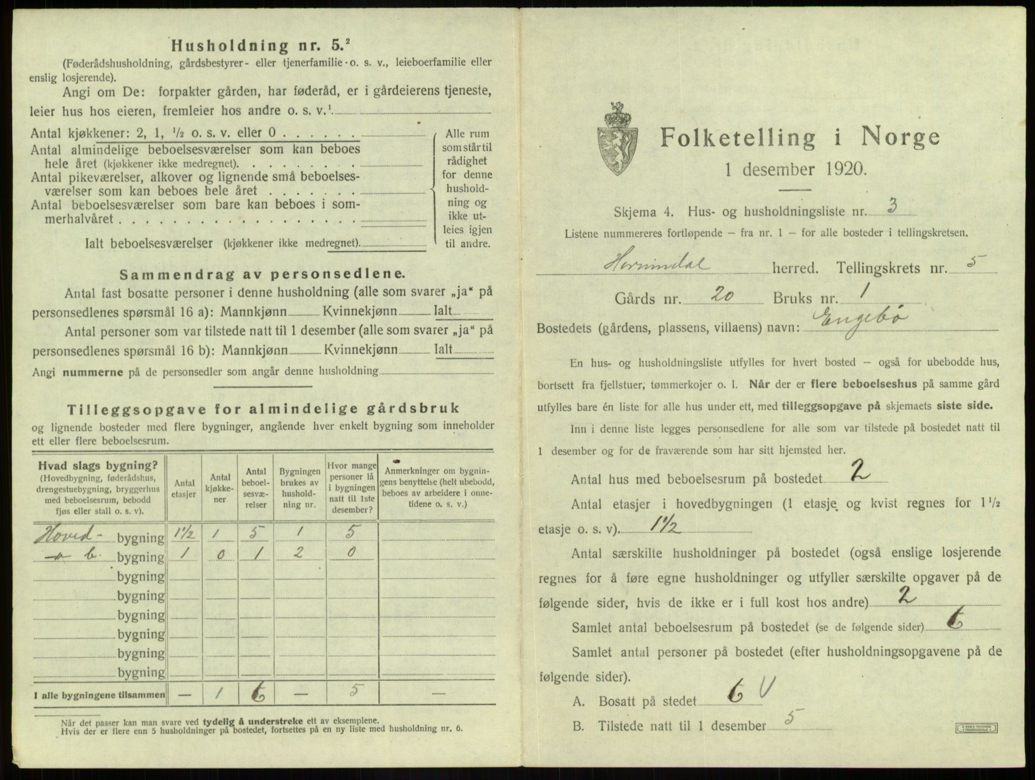 SAB, 1920 census for Hornindal, 1920, p. 311