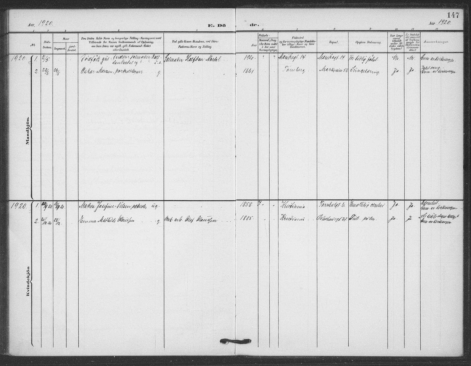 Jakob prestekontor Kirkebøker, SAO/A-10850/F/Fa/L0011: Parish register (official) no. 11, 1906-1920, p. 147