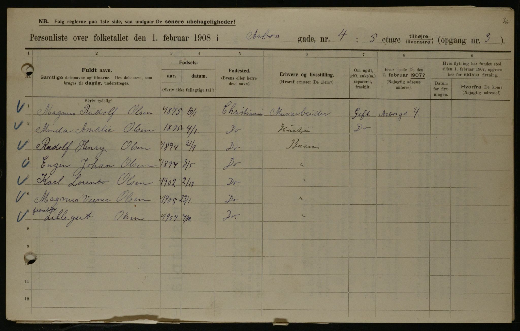 OBA, Municipal Census 1908 for Kristiania, 1908, p. 2110