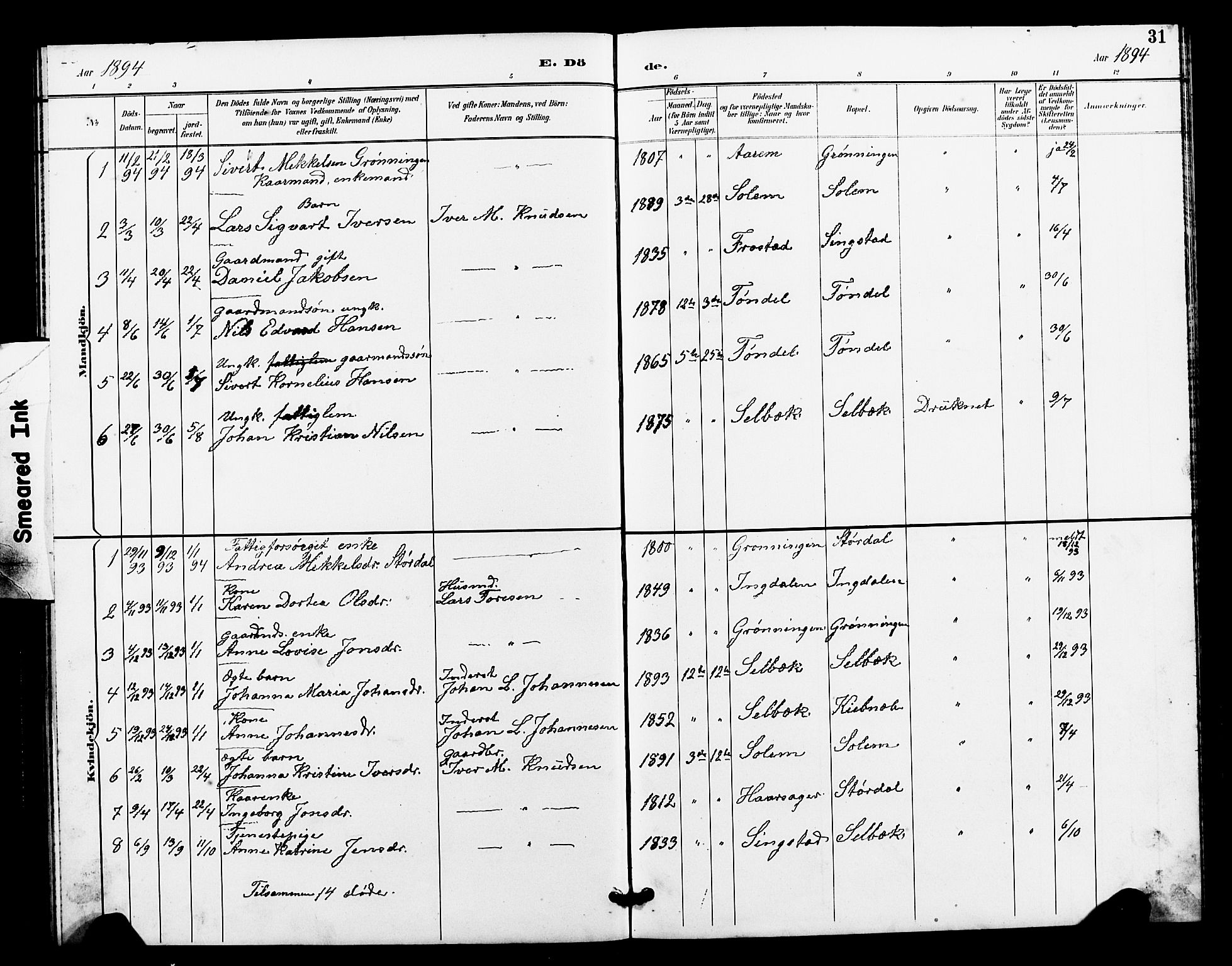 Ministerialprotokoller, klokkerbøker og fødselsregistre - Sør-Trøndelag, AV/SAT-A-1456/663/L0762: Parish register (copy) no. 663C02, 1894-1899, p. 31