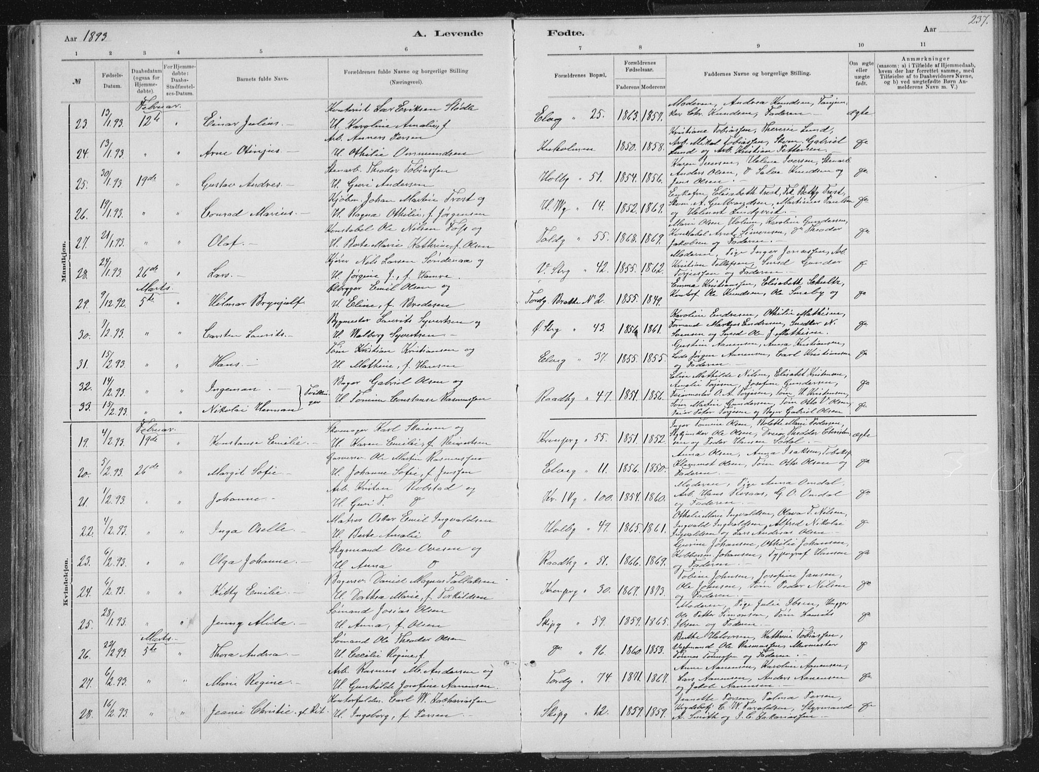 Kristiansand domprosti, SAK/1112-0006/F/Fb/L0014: Parish register (copy) no. B 14, 1881-1896, p. 237