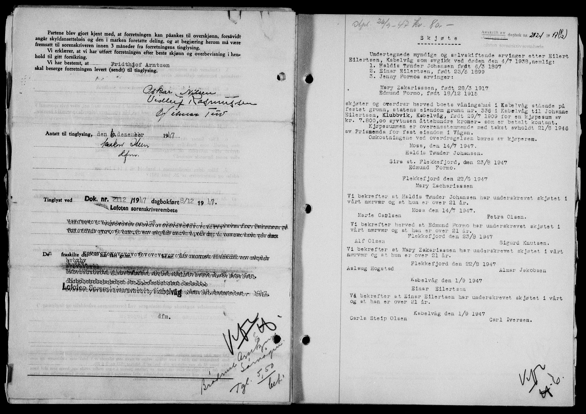 Lofoten sorenskriveri, SAT/A-0017/1/2/2C/L0017a: Mortgage book no. 17a, 1947-1948, Diary no: : 2124/1947