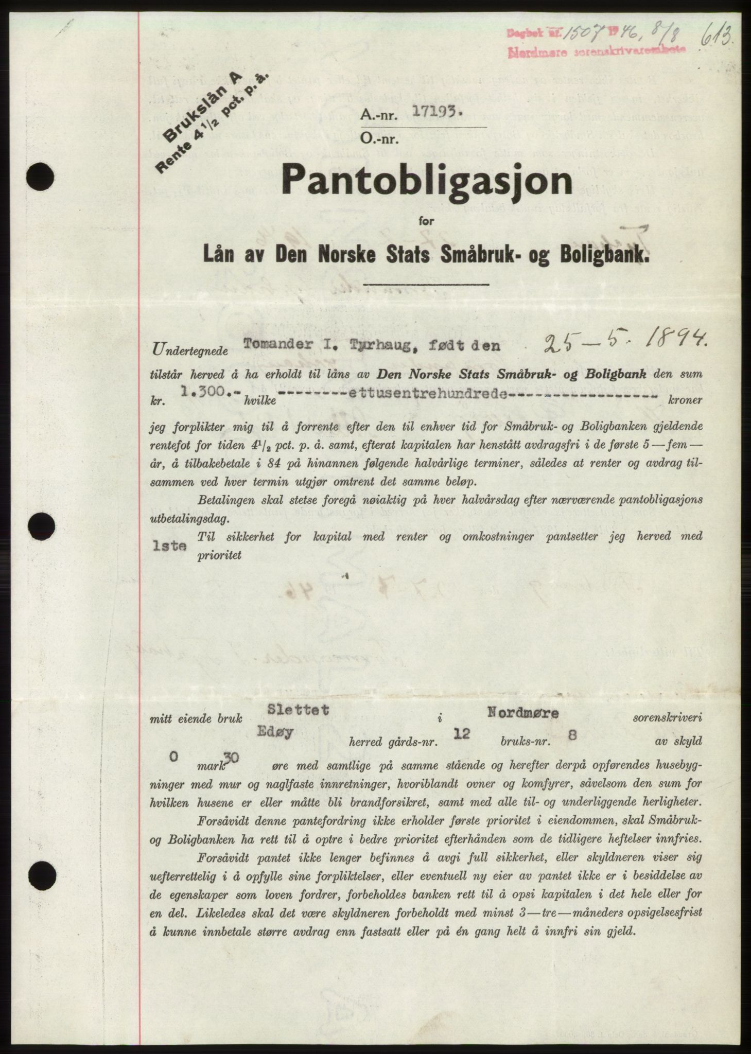 Nordmøre sorenskriveri, AV/SAT-A-4132/1/2/2Ca: Mortgage book no. B94, 1946-1946, Diary no: : 1507/1946