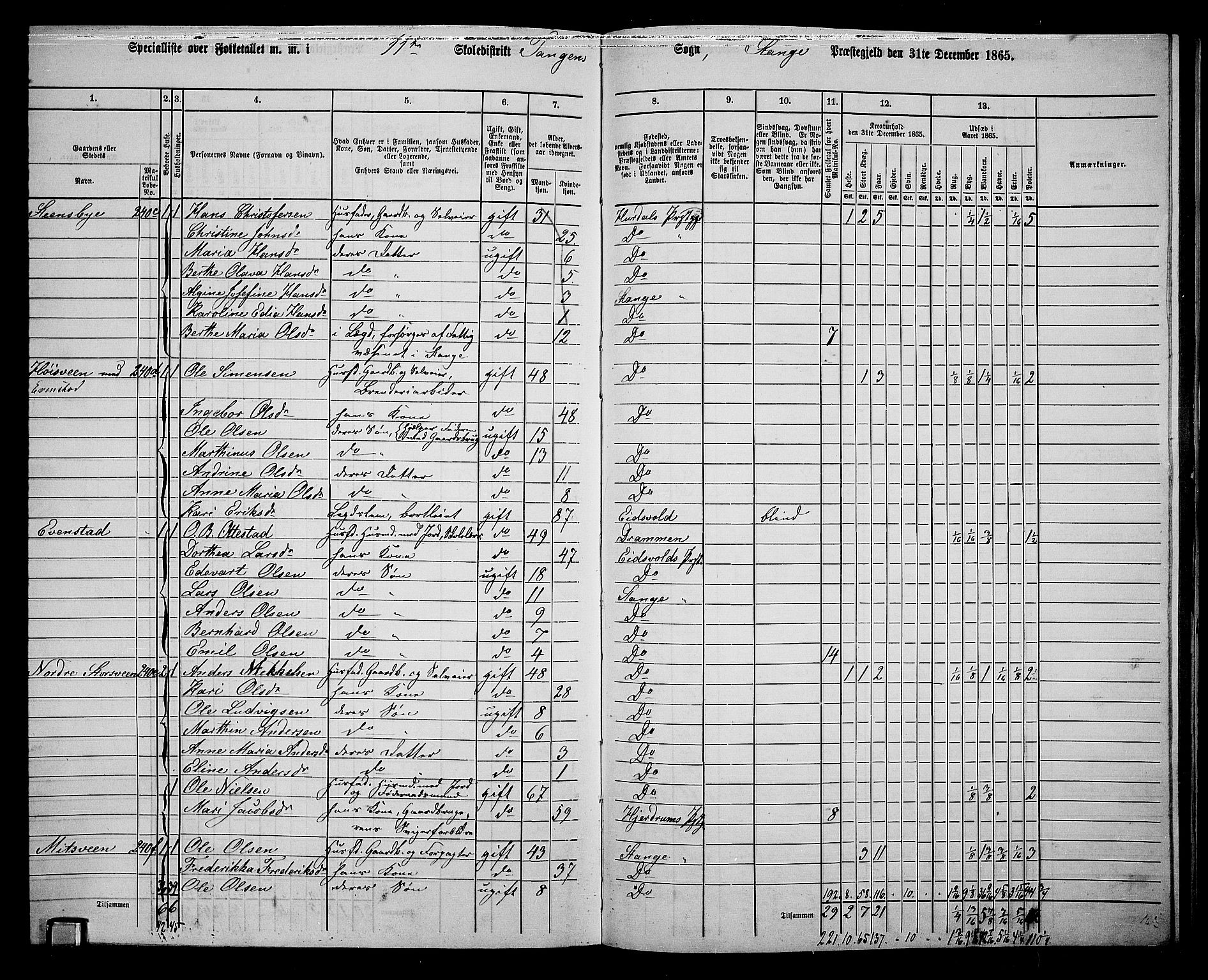 RA, 1865 census for Stange, 1865, p. 252