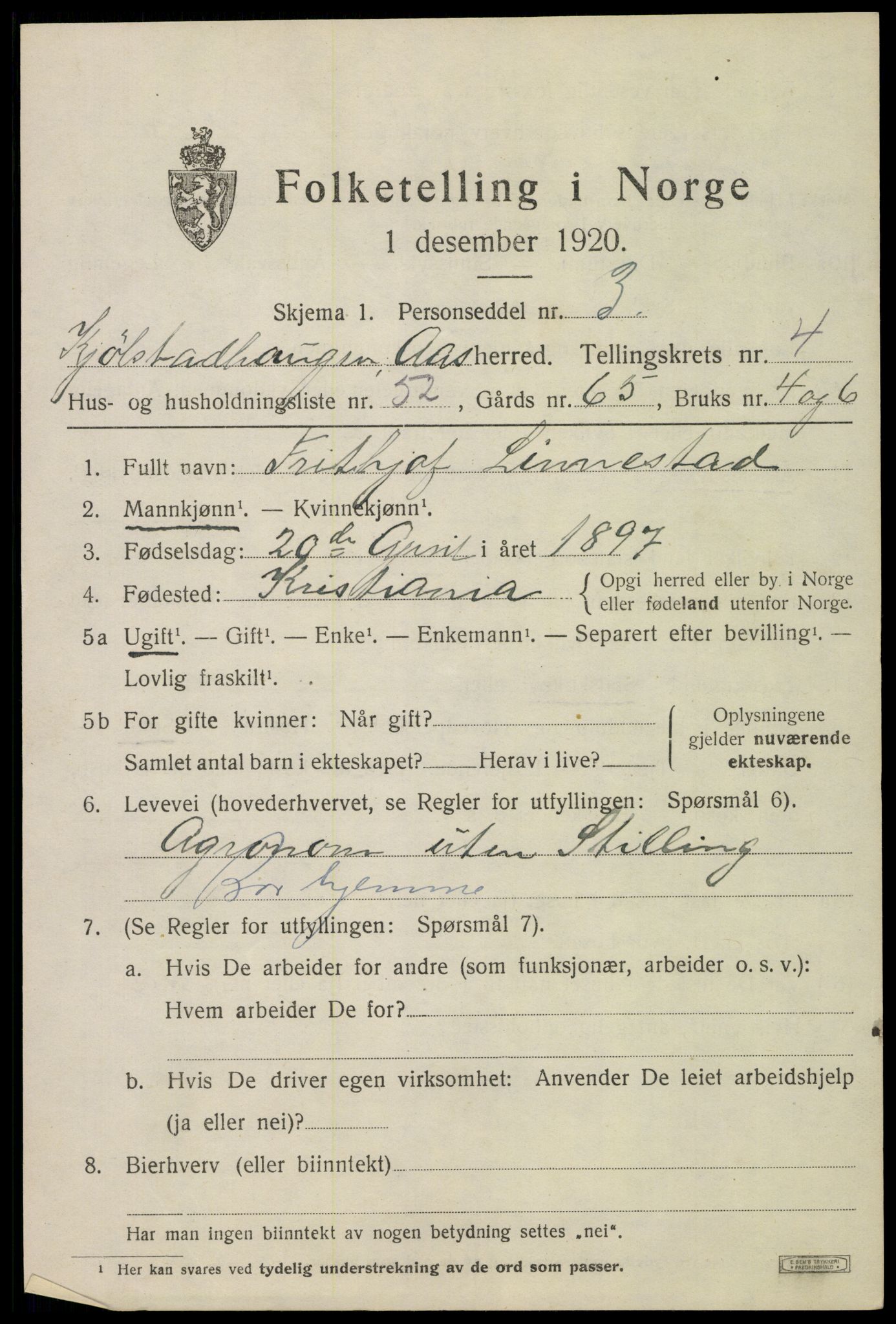 SAO, 1920 census for Ås, 1920, p. 5834