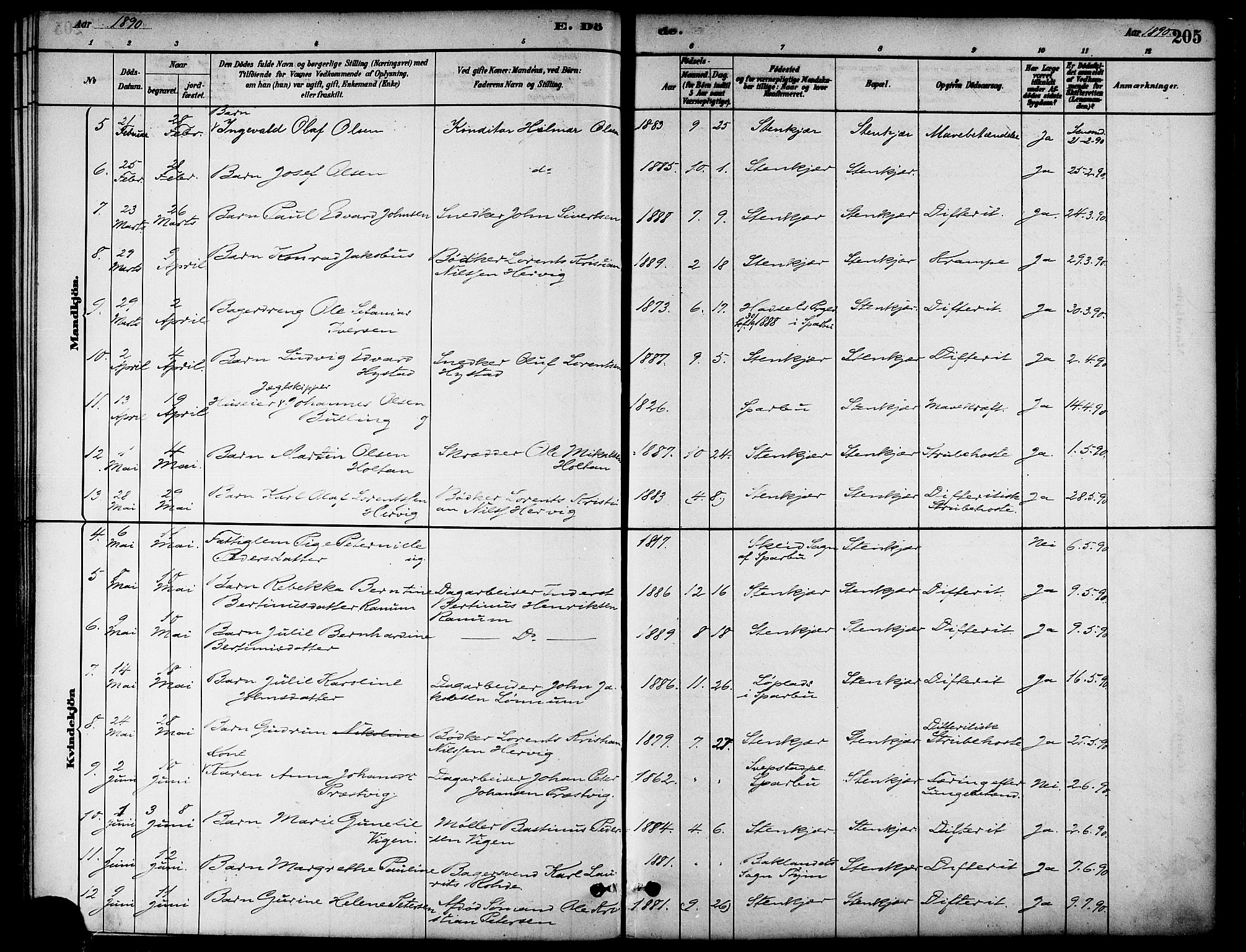 Ministerialprotokoller, klokkerbøker og fødselsregistre - Nord-Trøndelag, SAT/A-1458/739/L0371: Parish register (official) no. 739A03, 1881-1895, p. 205