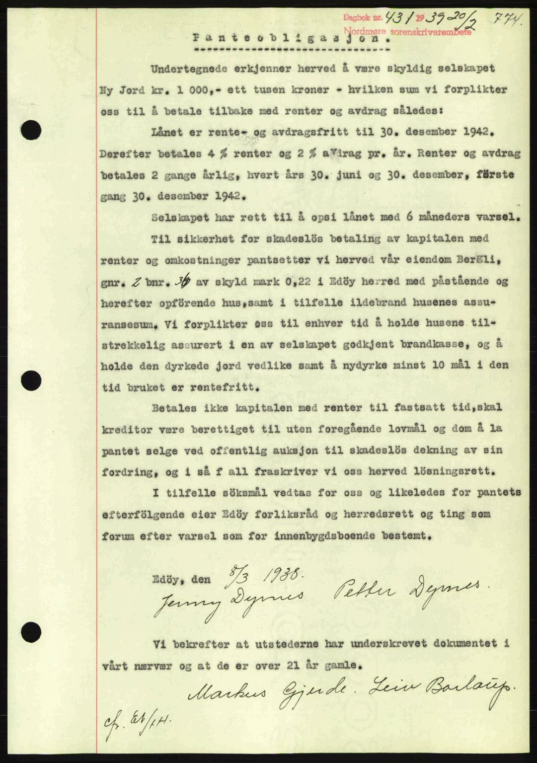 Nordmøre sorenskriveri, AV/SAT-A-4132/1/2/2Ca: Mortgage book no. B84, 1938-1939, Diary no: : 431/1939