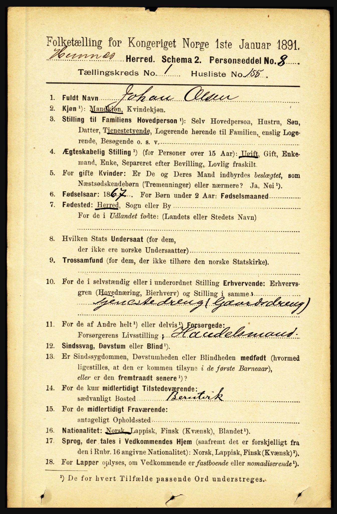 RA, 1891 census for 1832 Hemnes, 1891, p. 1109