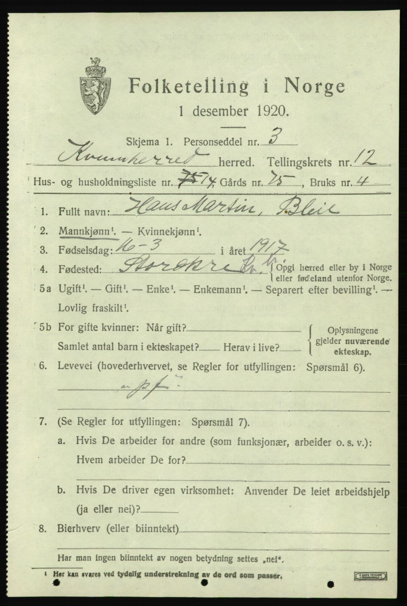 SAB, 1920 census for Kvinnherad, 1920, p. 7452