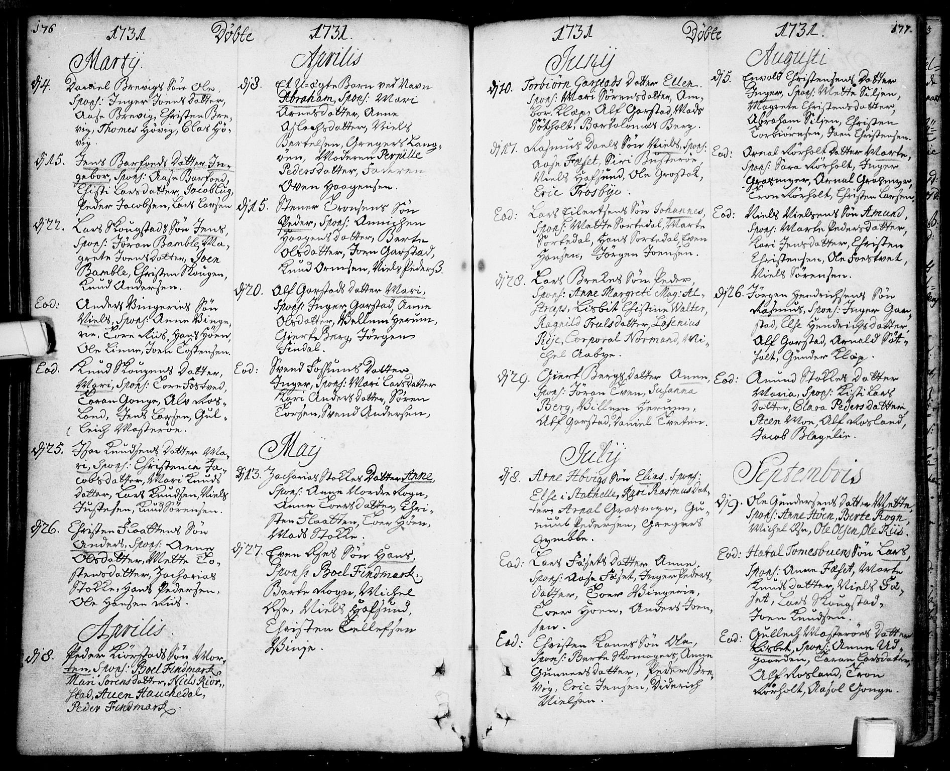 Bamble kirkebøker, SAKO/A-253/F/Fa/L0001: Parish register (official) no. I 1, 1702-1774, p. 176-177