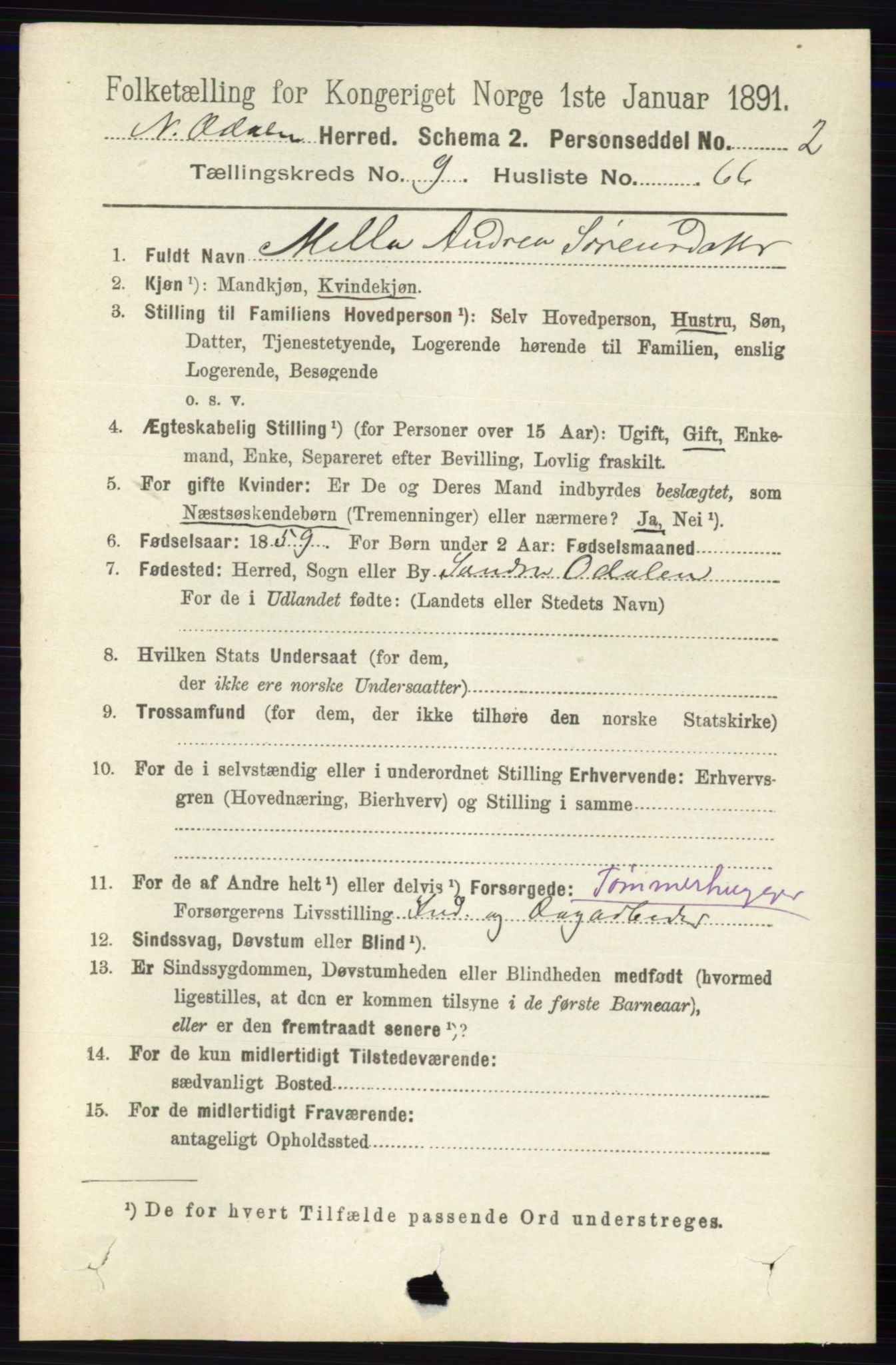 RA, 1891 census for 0418 Nord-Odal, 1891, p. 4428