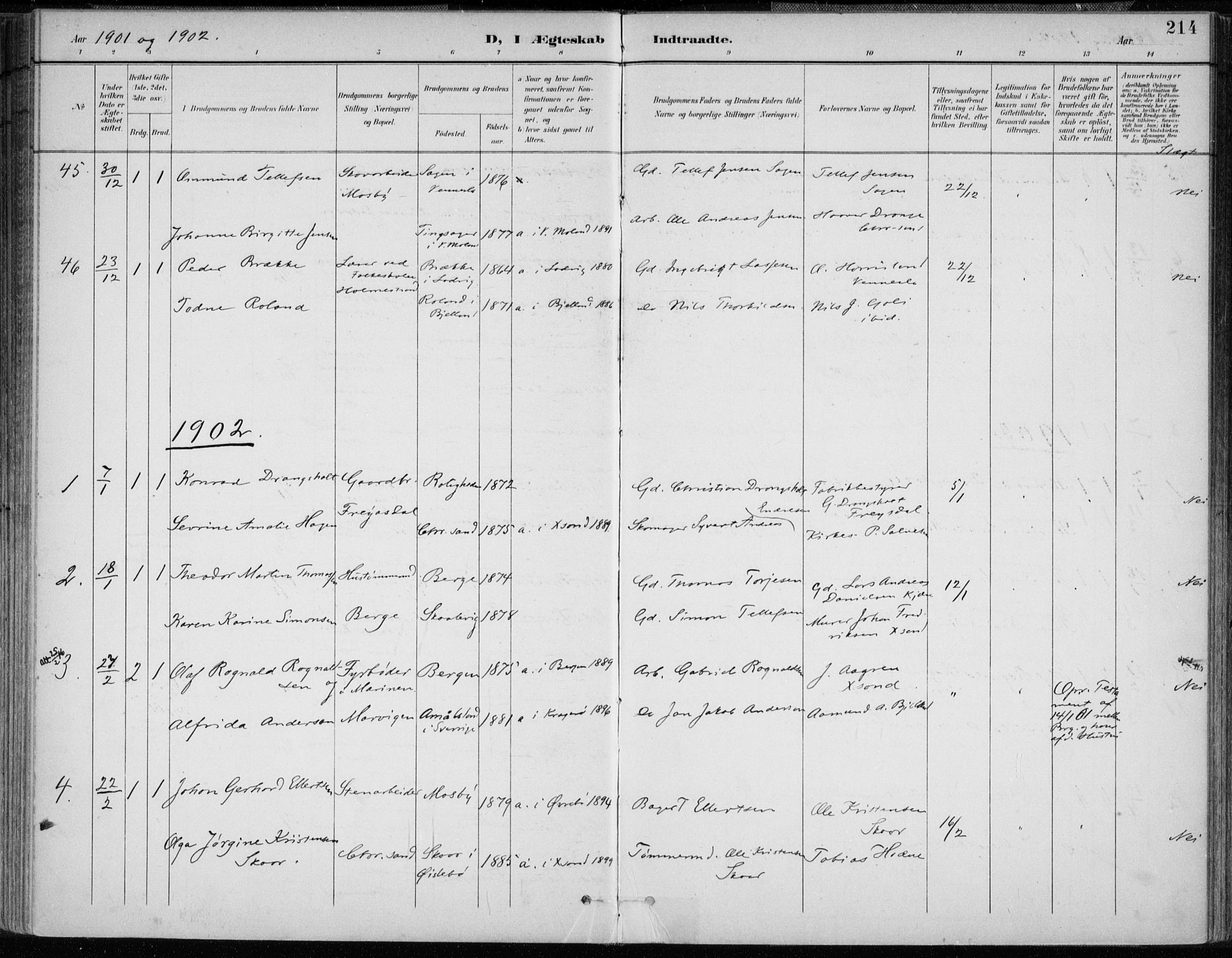 Oddernes sokneprestkontor, AV/SAK-1111-0033/F/Fa/Faa/L0010: Parish register (official) no. A 10, 1897-1911, p. 214