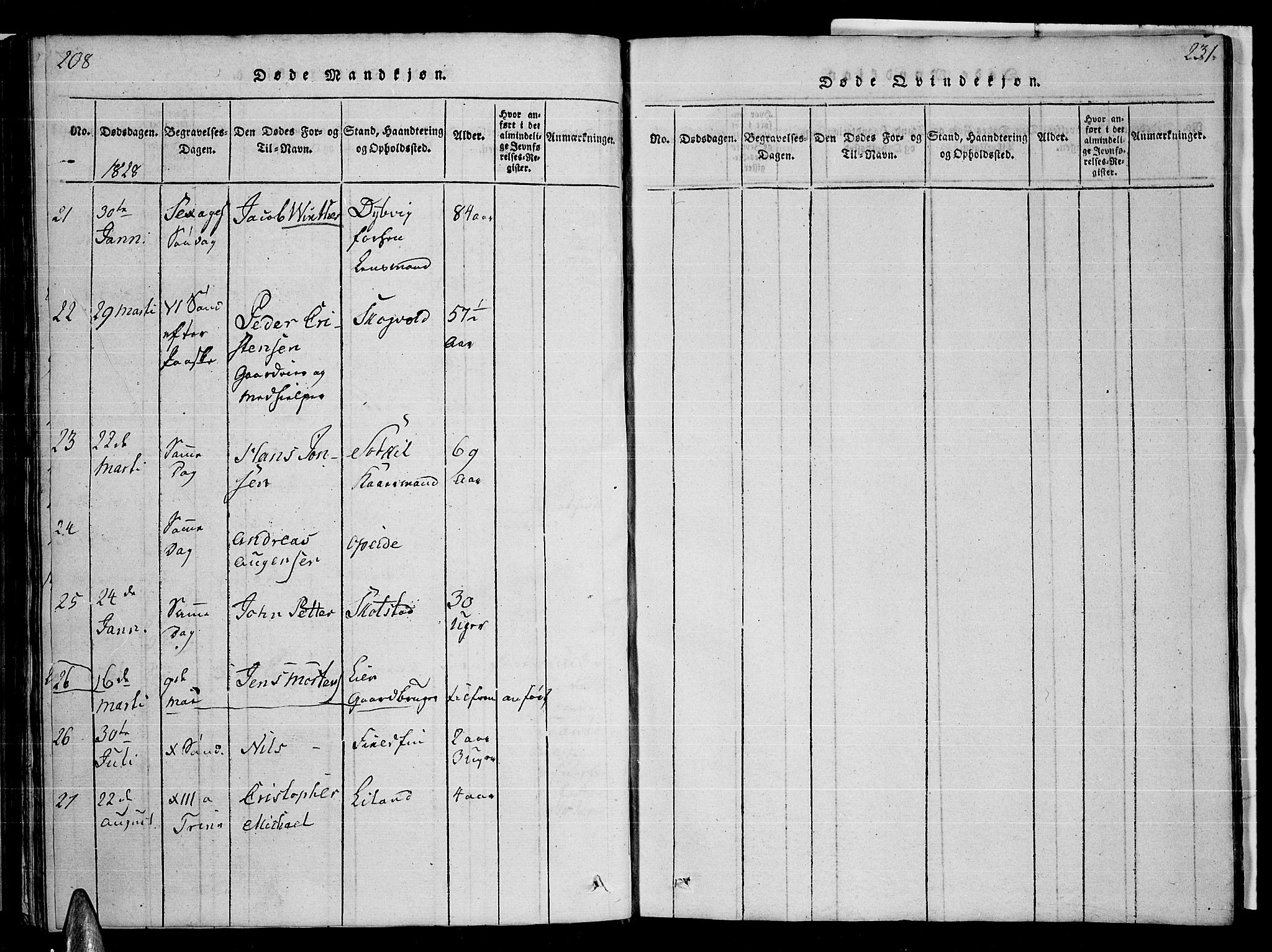 Ministerialprotokoller, klokkerbøker og fødselsregistre - Nordland, AV/SAT-A-1459/859/L0855: Parish register (copy) no. 859C01, 1821-1839, p. 208-209