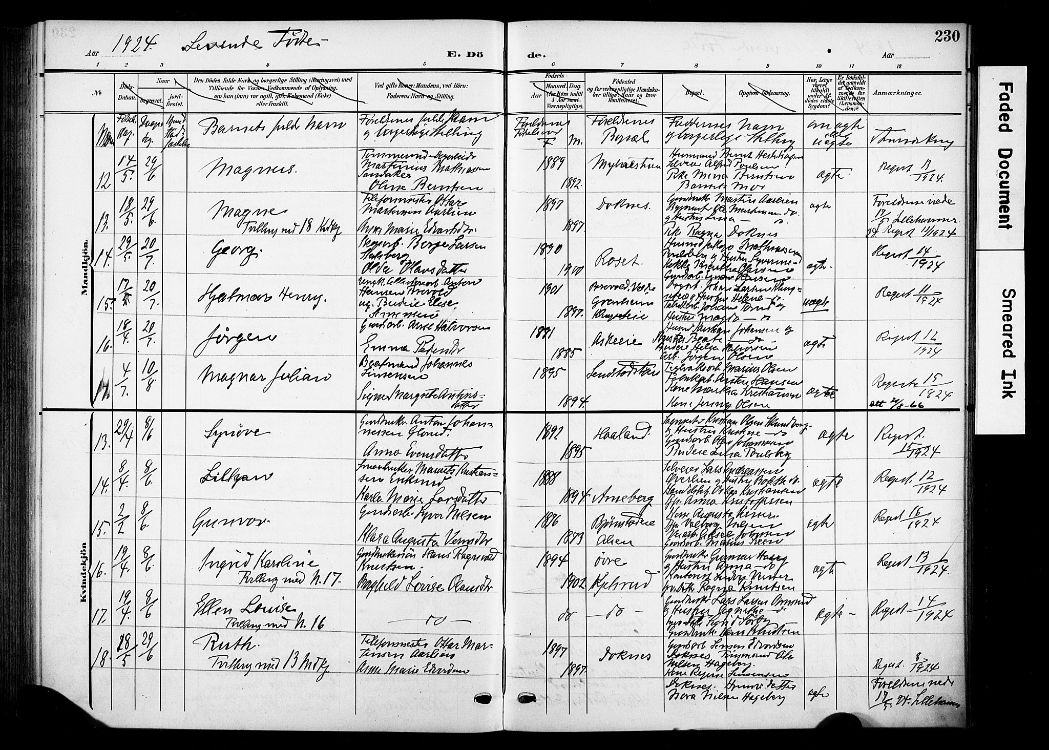 Nes prestekontor, Hedmark, SAH/PREST-020/K/Ka/L0013: Parish register (official) no. 13, 1906-1924, p. 230