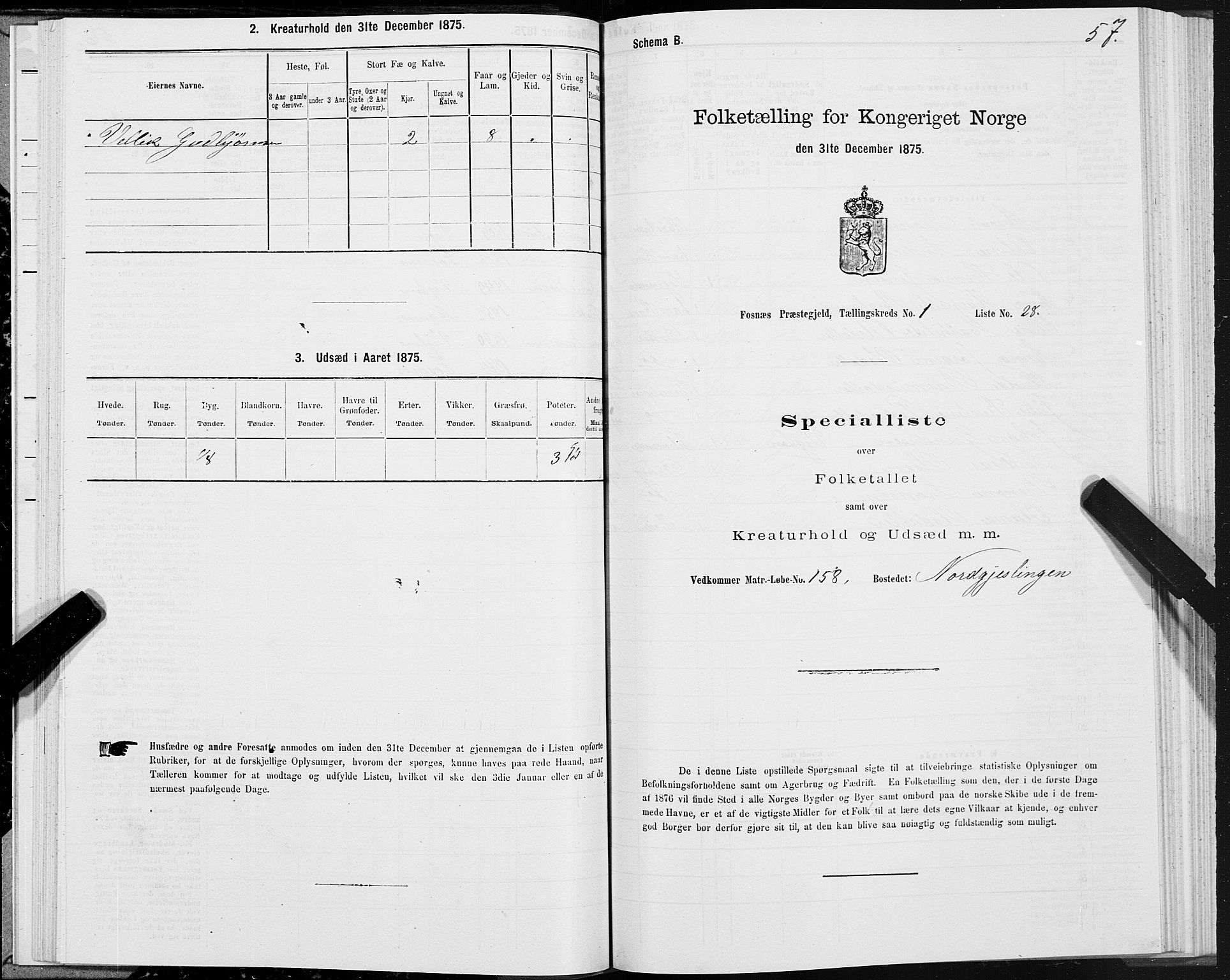 SAT, 1875 census for 1748P Fosnes, 1875, p. 1057