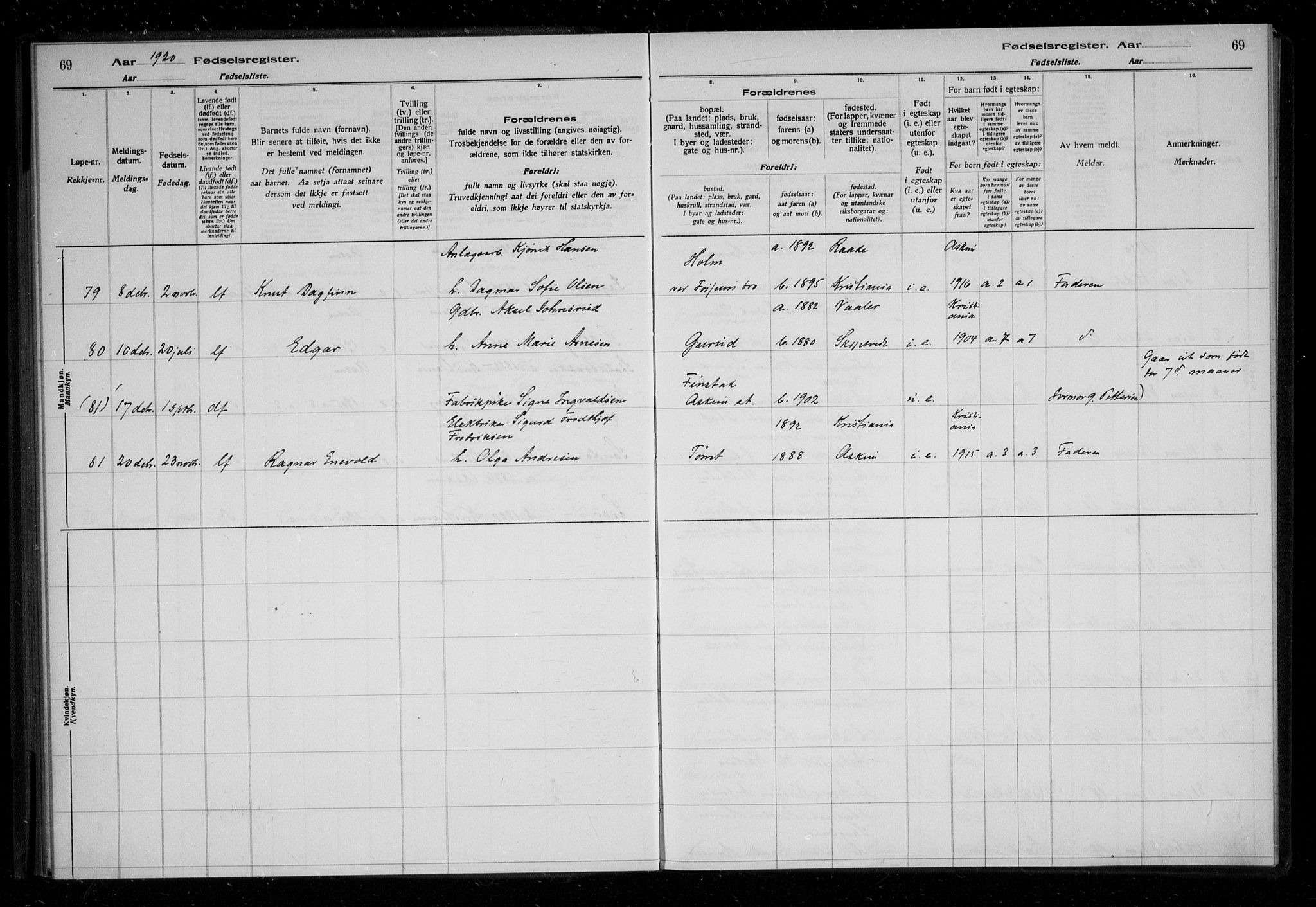 Askim prestekontor Kirkebøker, AV/SAO-A-10900/J/Ja/L0001: Birth register no. 1, 1916-1929, p. 69