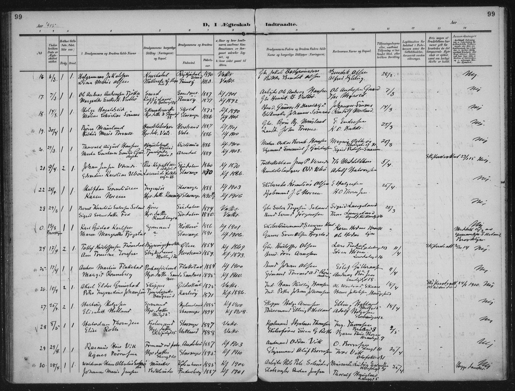 Domkirken sokneprestkontor, SAST/A-101812/002/A/L0016: Parish register (official) no. A 33, 1905-1922, p. 99