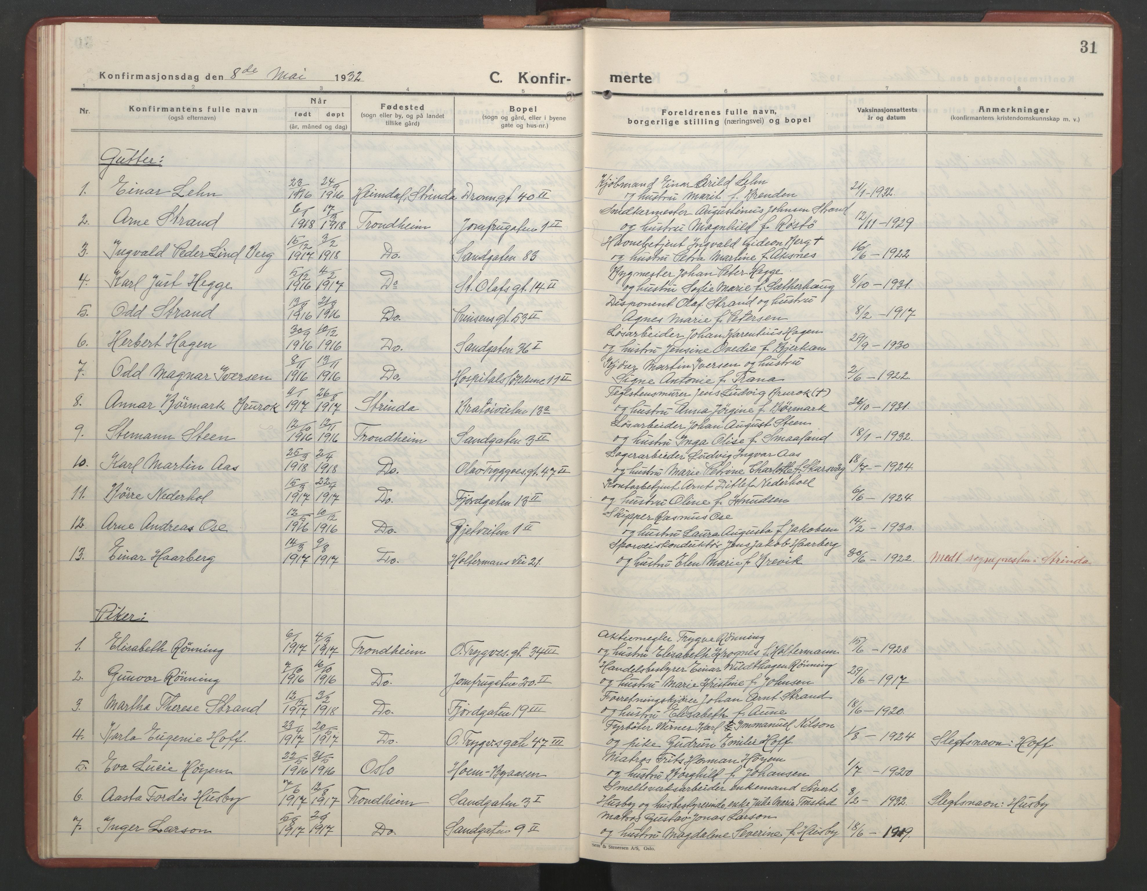 Ministerialprotokoller, klokkerbøker og fødselsregistre - Sør-Trøndelag, SAT/A-1456/602/L0151: Parish register (copy) no. 602C19, 1925-1951, p. 31