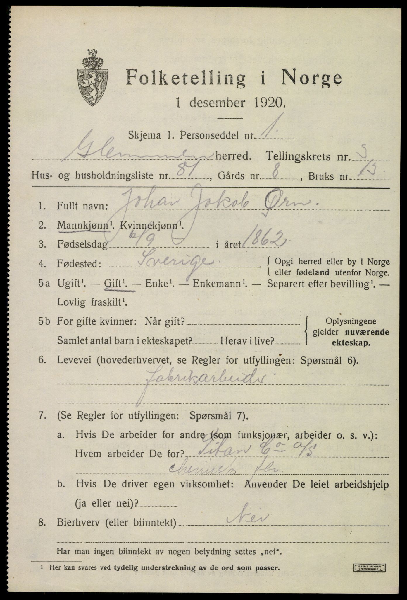 SAO, 1920 census for Glemmen, 1920, p. 7601