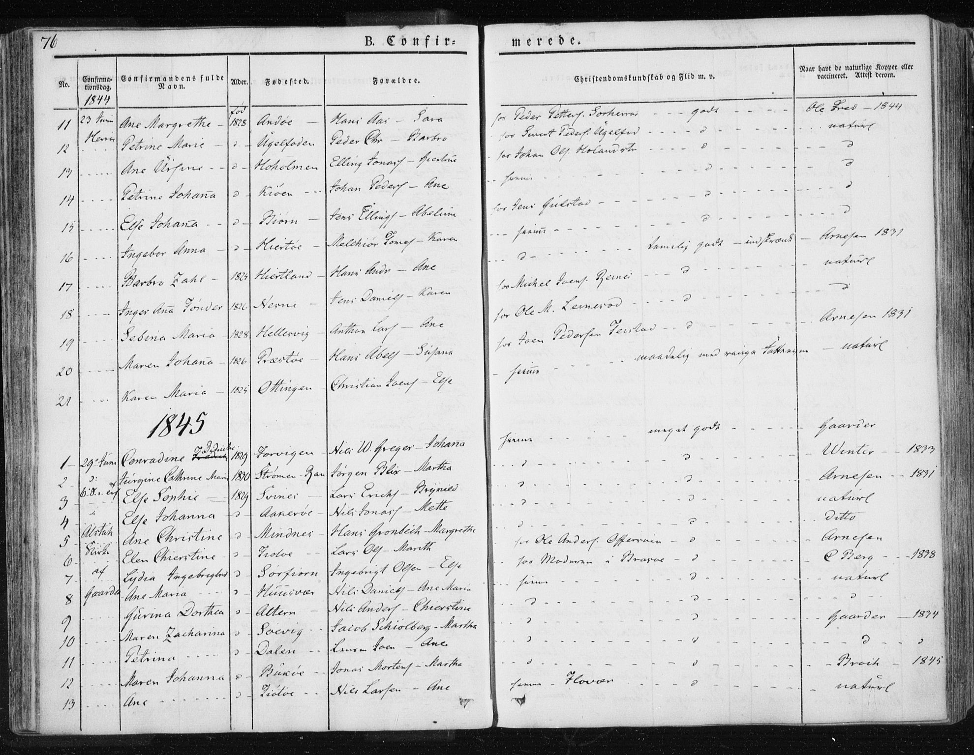 Ministerialprotokoller, klokkerbøker og fødselsregistre - Nordland, AV/SAT-A-1459/830/L0447: Parish register (official) no. 830A11, 1831-1854, p. 76