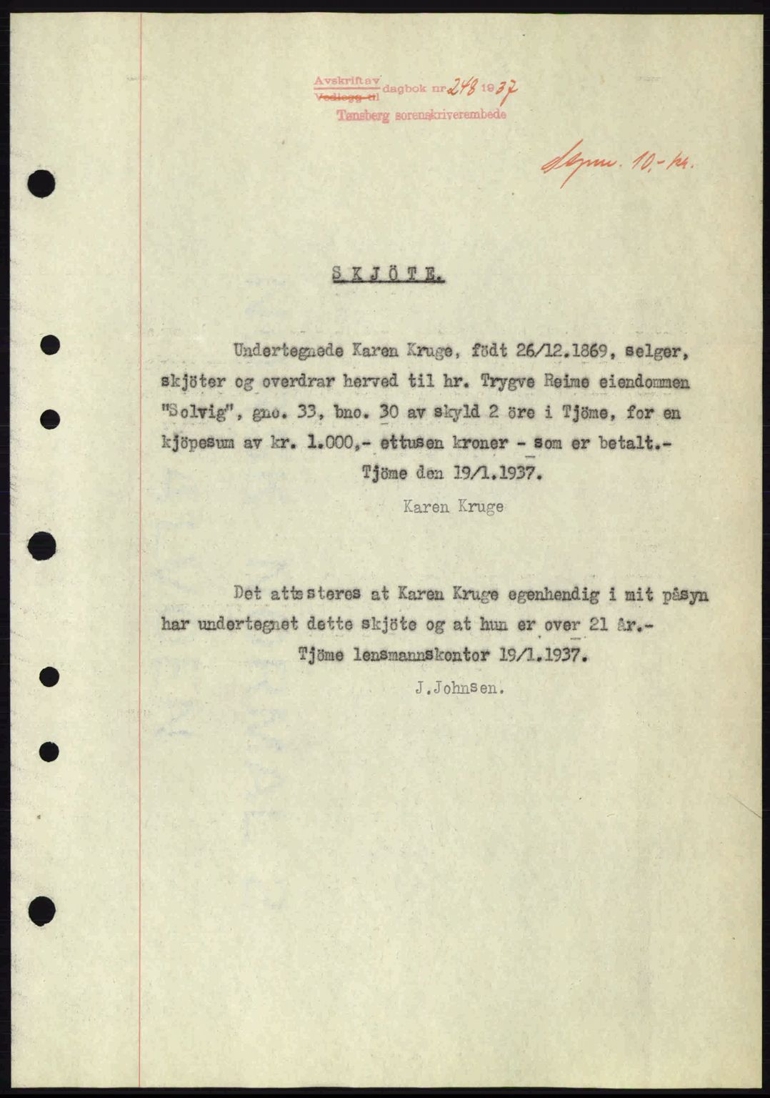 Tønsberg sorenskriveri, AV/SAKO-A-130/G/Ga/Gaa/L0002: Mortgage book no. A2, 1936-1937, Diary no: : 248/1937