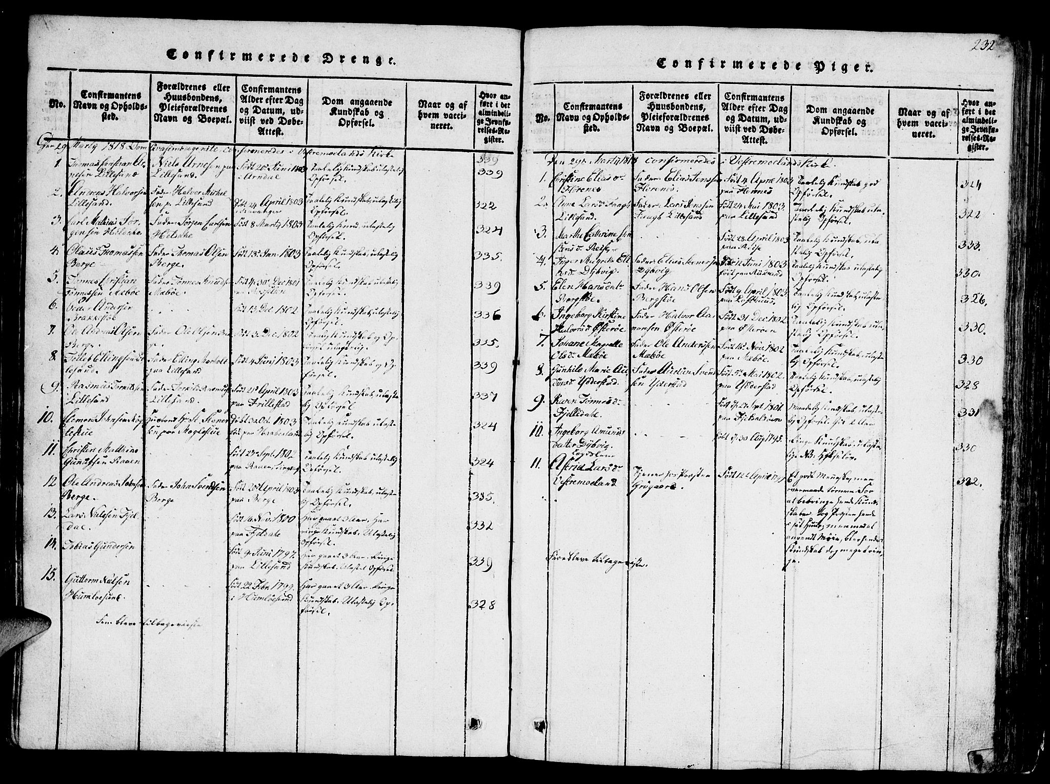 Vestre Moland sokneprestkontor, SAK/1111-0046/F/Fb/Fbb/L0001: Parish register (copy) no. B 1, 1816-1851, p. 232