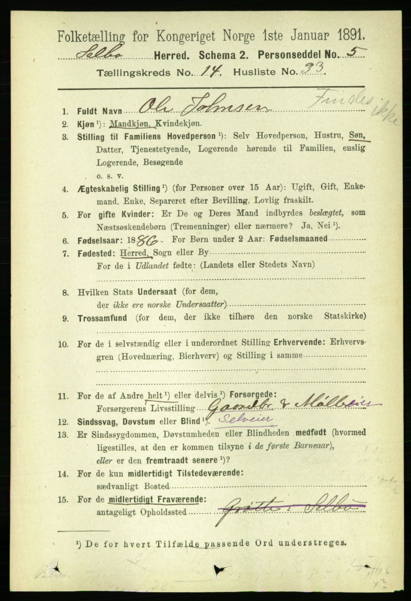 RA, 1891 census for 1664 Selbu, 1891, p. 5296