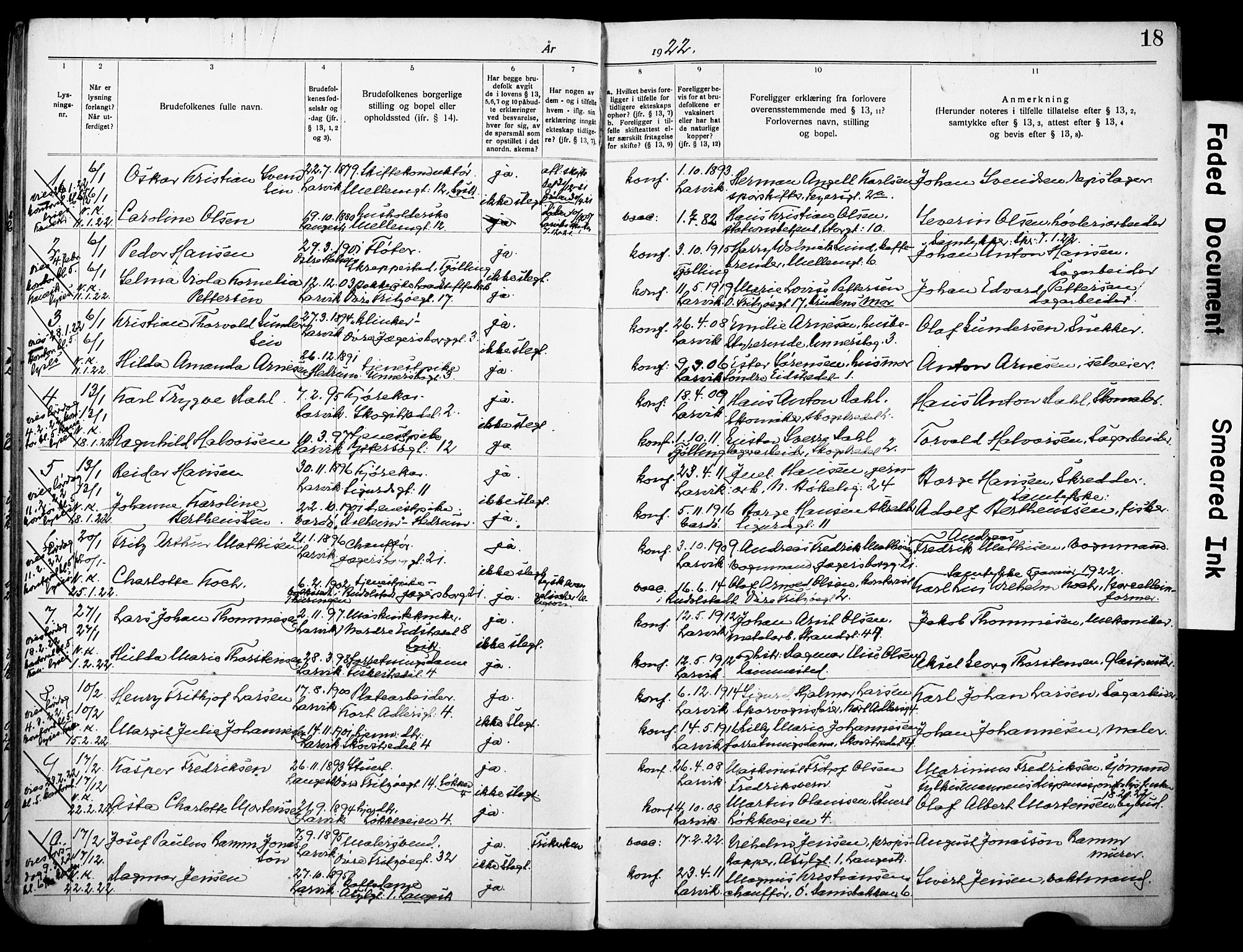 Larvik kirkebøker, AV/SAKO-A-352/H/Ha/L0005: Banns register no. 5, 1920-1933, p. 18