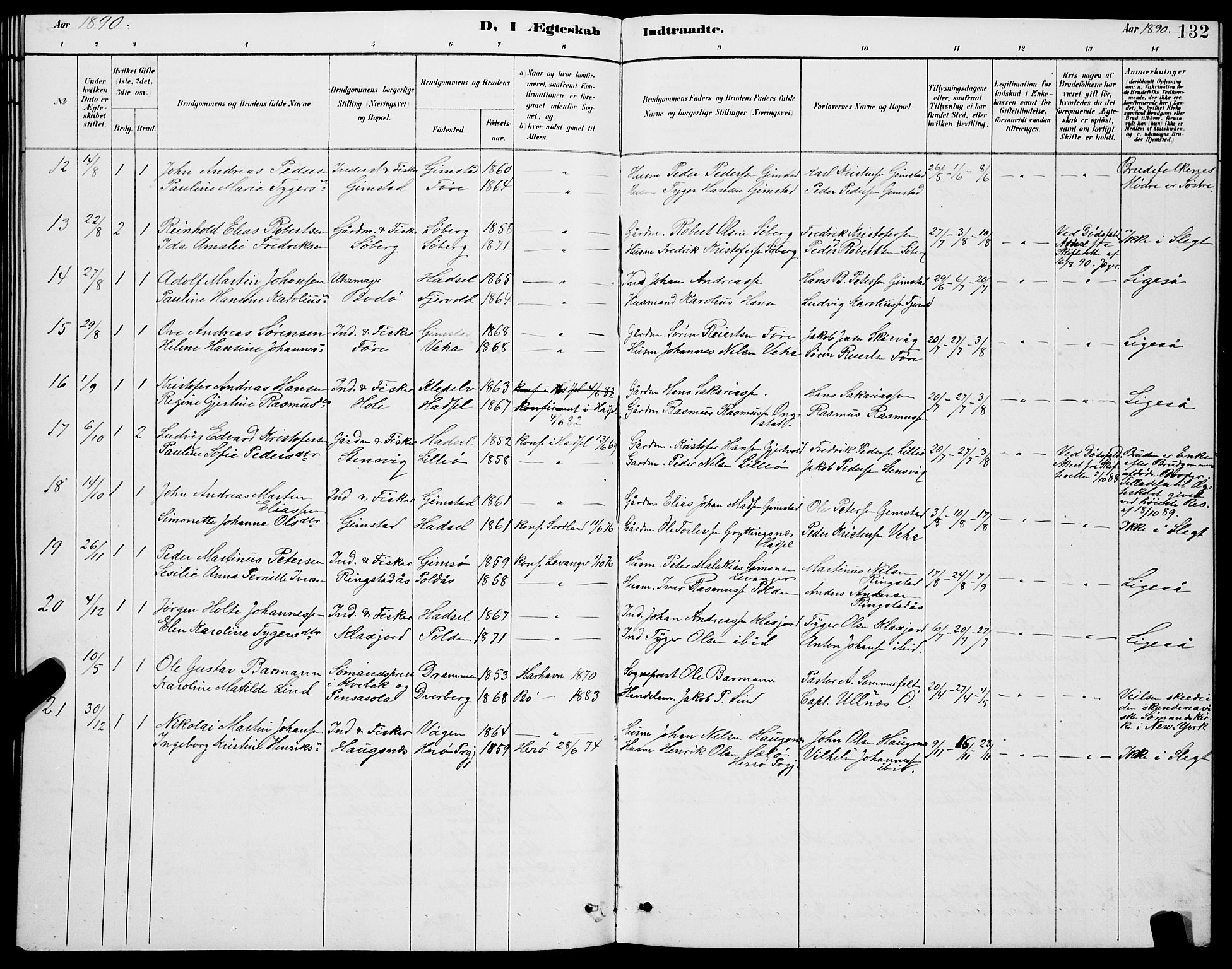 Ministerialprotokoller, klokkerbøker og fødselsregistre - Nordland, AV/SAT-A-1459/891/L1315: Parish register (copy) no. 891C04, 1886-1893, p. 132