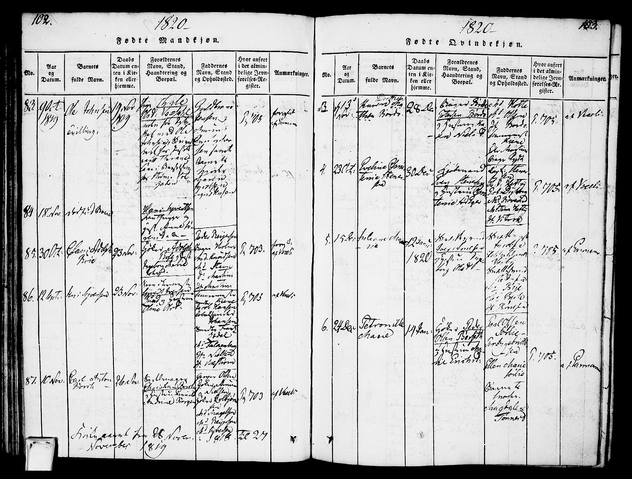 Oslo domkirke Kirkebøker, SAO/A-10752/F/Fa/L0007: Parish register (official) no. 7, 1817-1824, p. 102-103