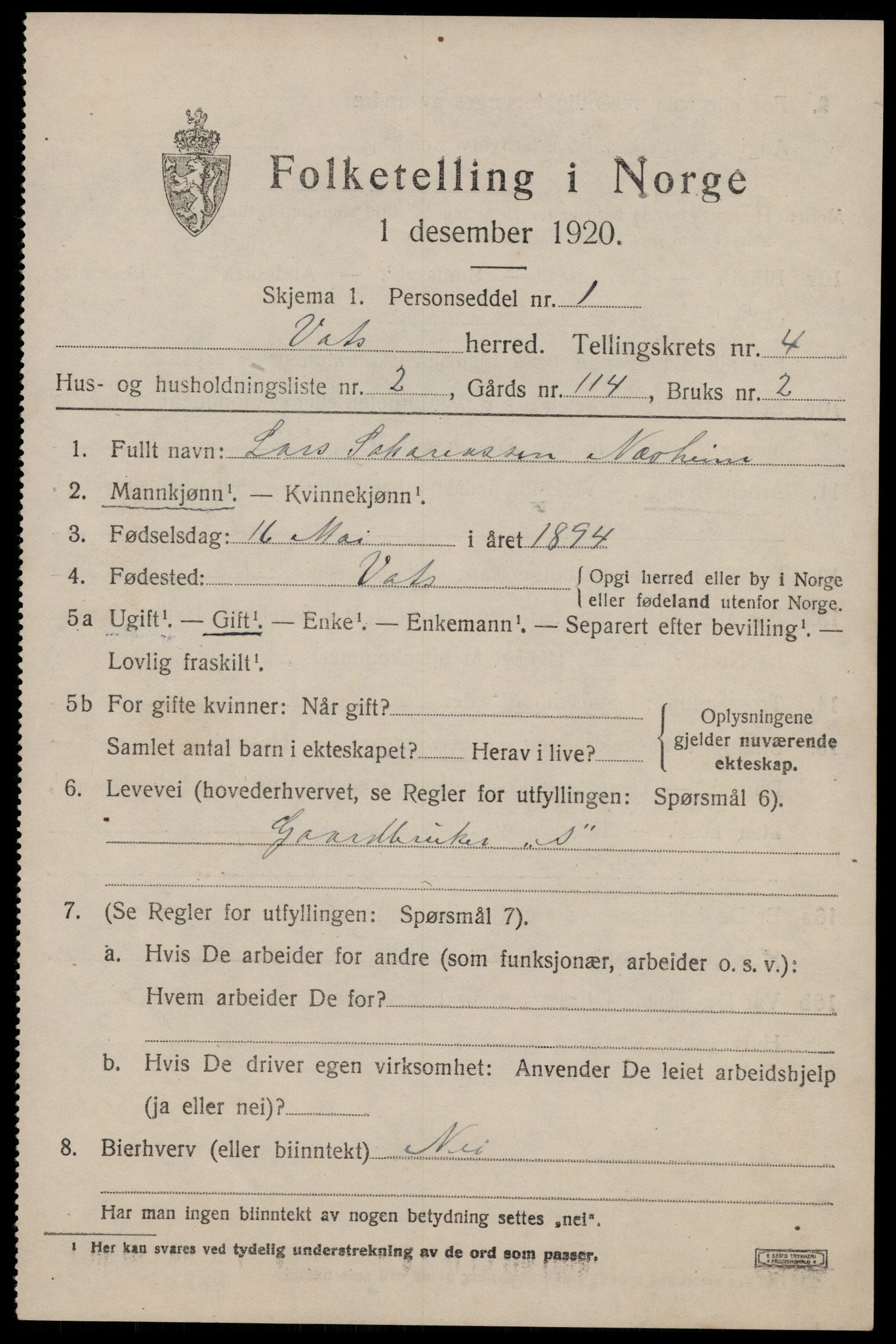 SAST, 1920 census for Vats, 1920, p. 1453