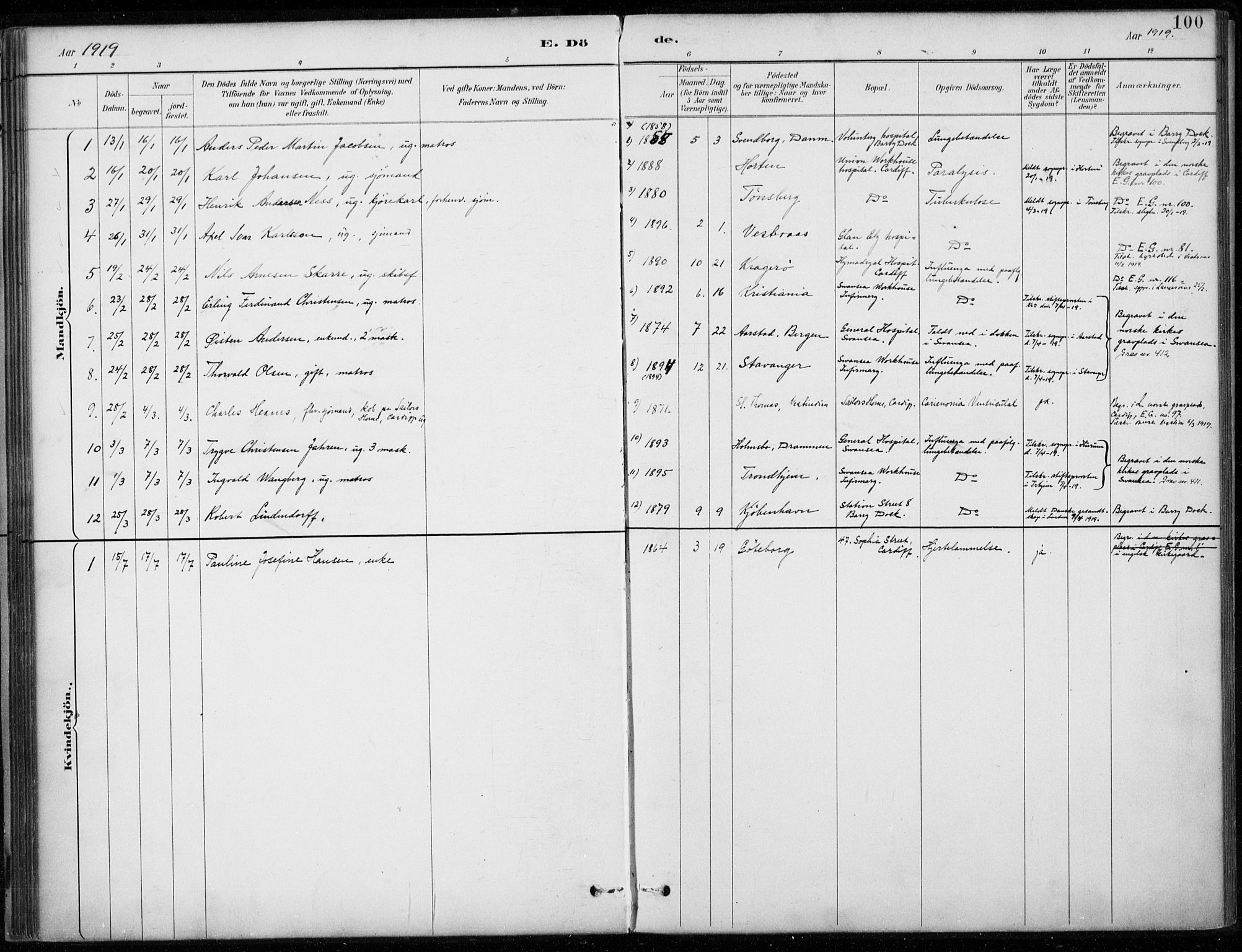 Den norske sjømannsmisjon i utlandet/Bristolhavnene(Cardiff-Swansea), AV/SAB-SAB/PA-0102/H/Ha/Haa/L0002: Parish register (official) no. A 2, 1887-1932, p. 100