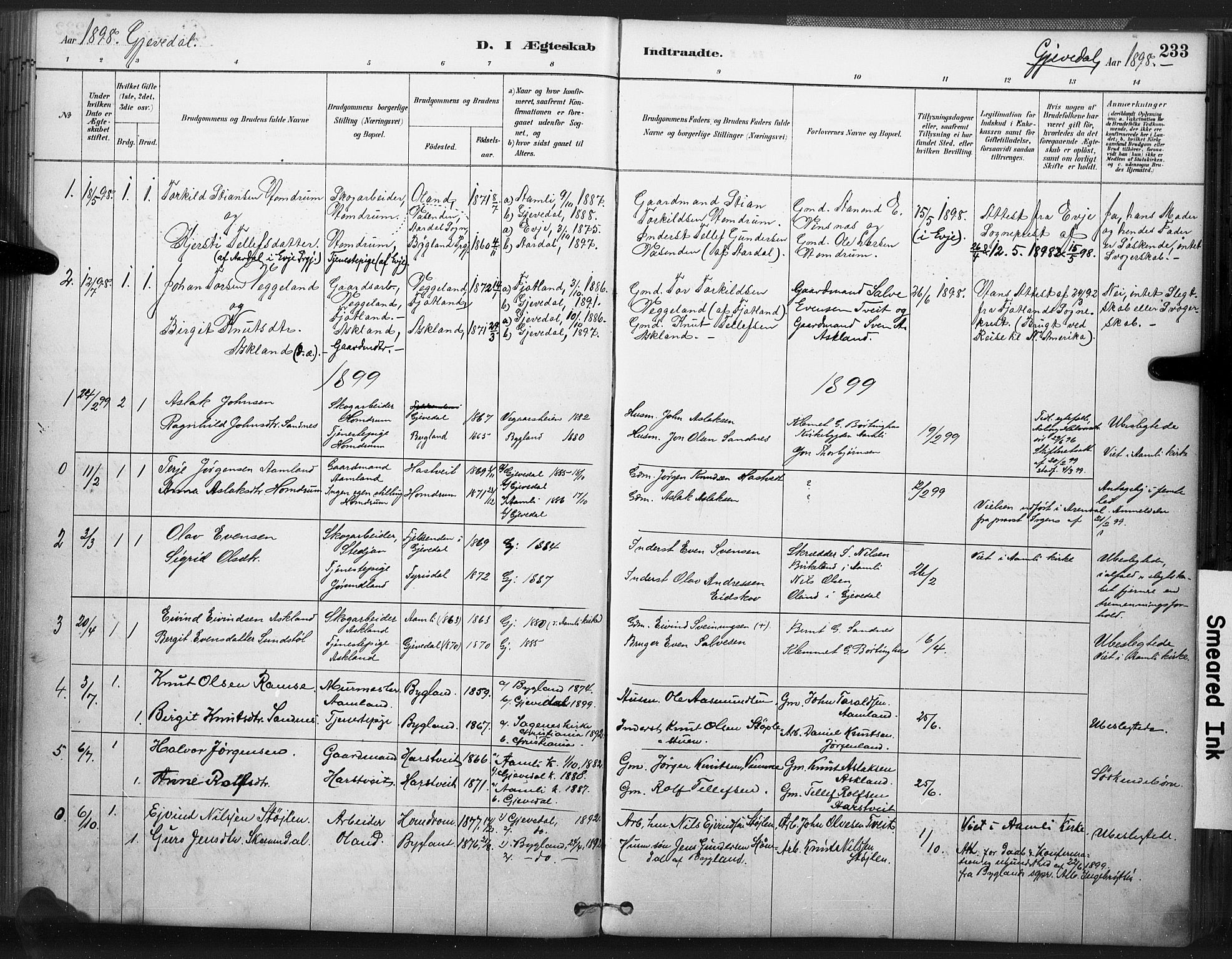 Åmli sokneprestkontor, SAK/1111-0050/F/Fa/Fac/L0010: Parish register (official) no. A 10 /2, 1885-1899, p. 233