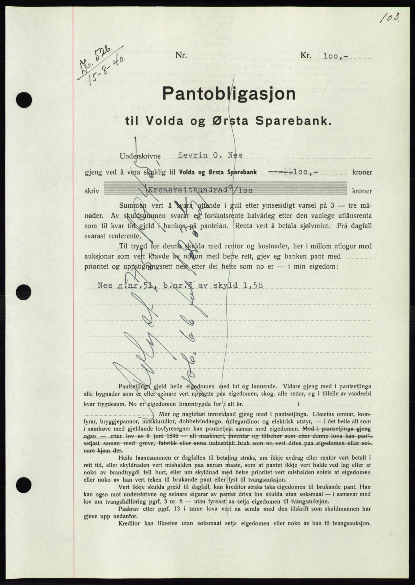 Søre Sunnmøre sorenskriveri, AV/SAT-A-4122/1/2/2C/L0070: Mortgage book no. 64, 1940-1941, Diary no: : 526/1940