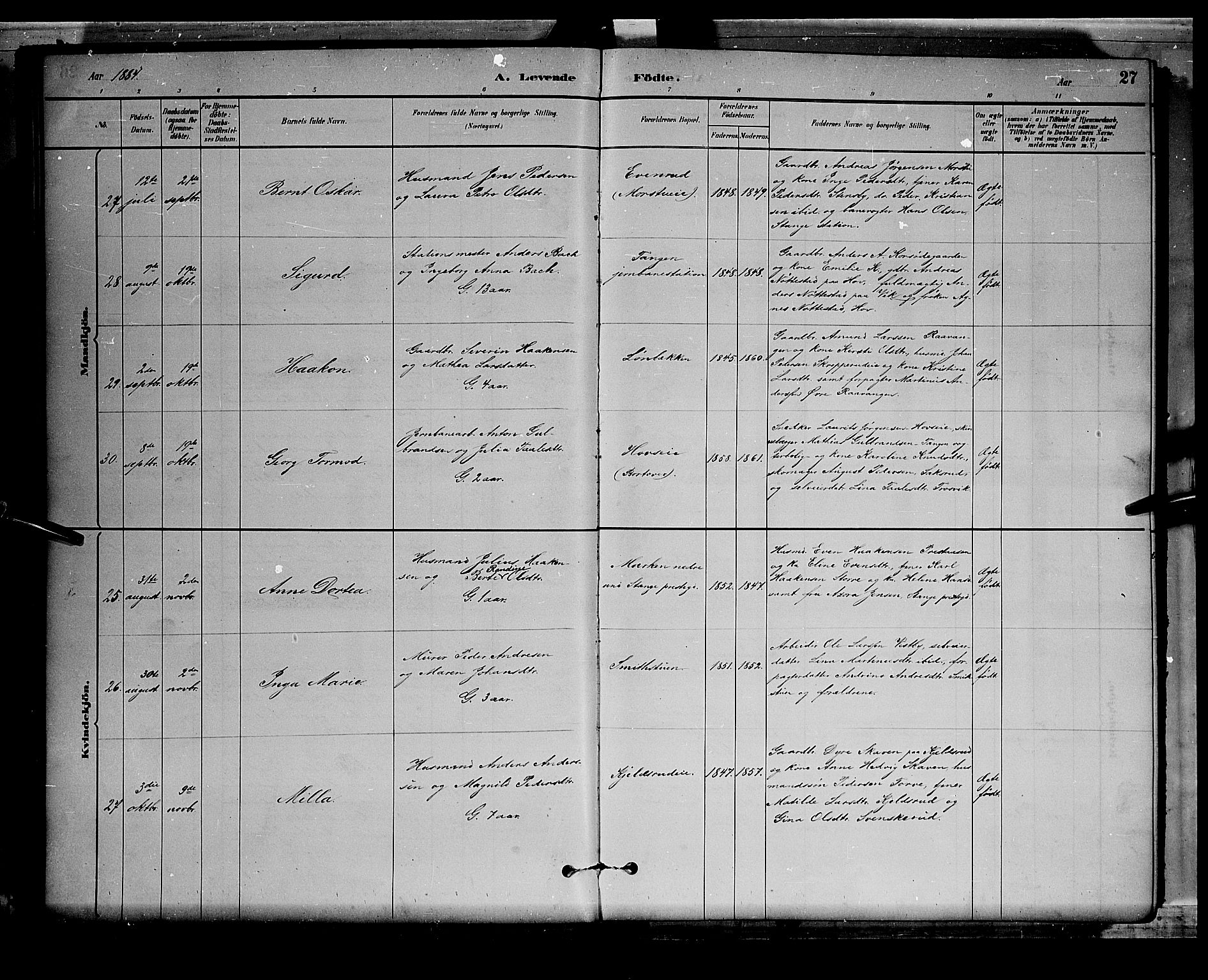 Stange prestekontor, AV/SAH-PREST-002/L/L0008: Parish register (copy) no. 8, 1882-1895, p. 27