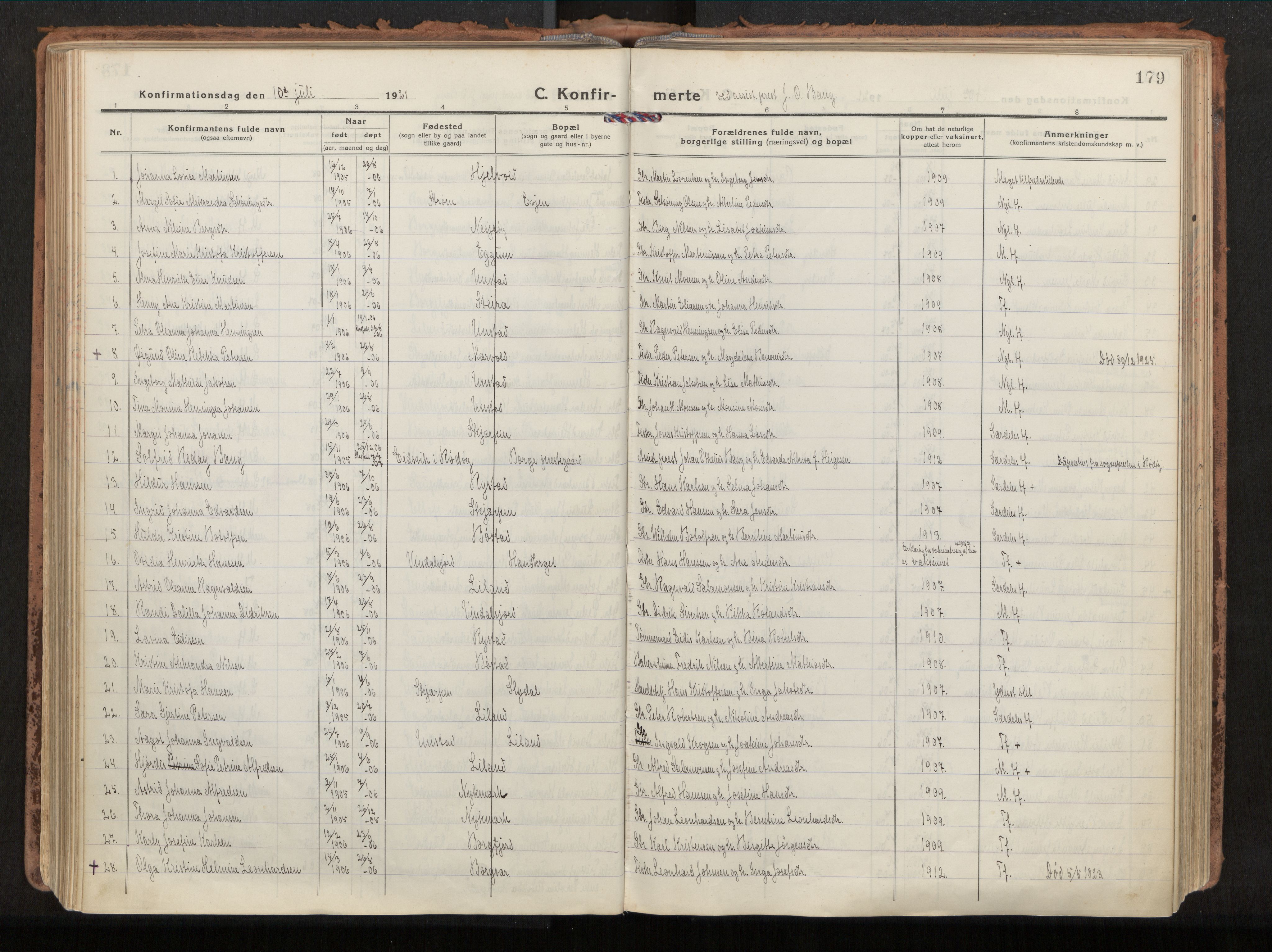 Ministerialprotokoller, klokkerbøker og fødselsregistre - Nordland, SAT/A-1459/880/L1136: Parish register (official) no. 880A10, 1919-1927, p. 179