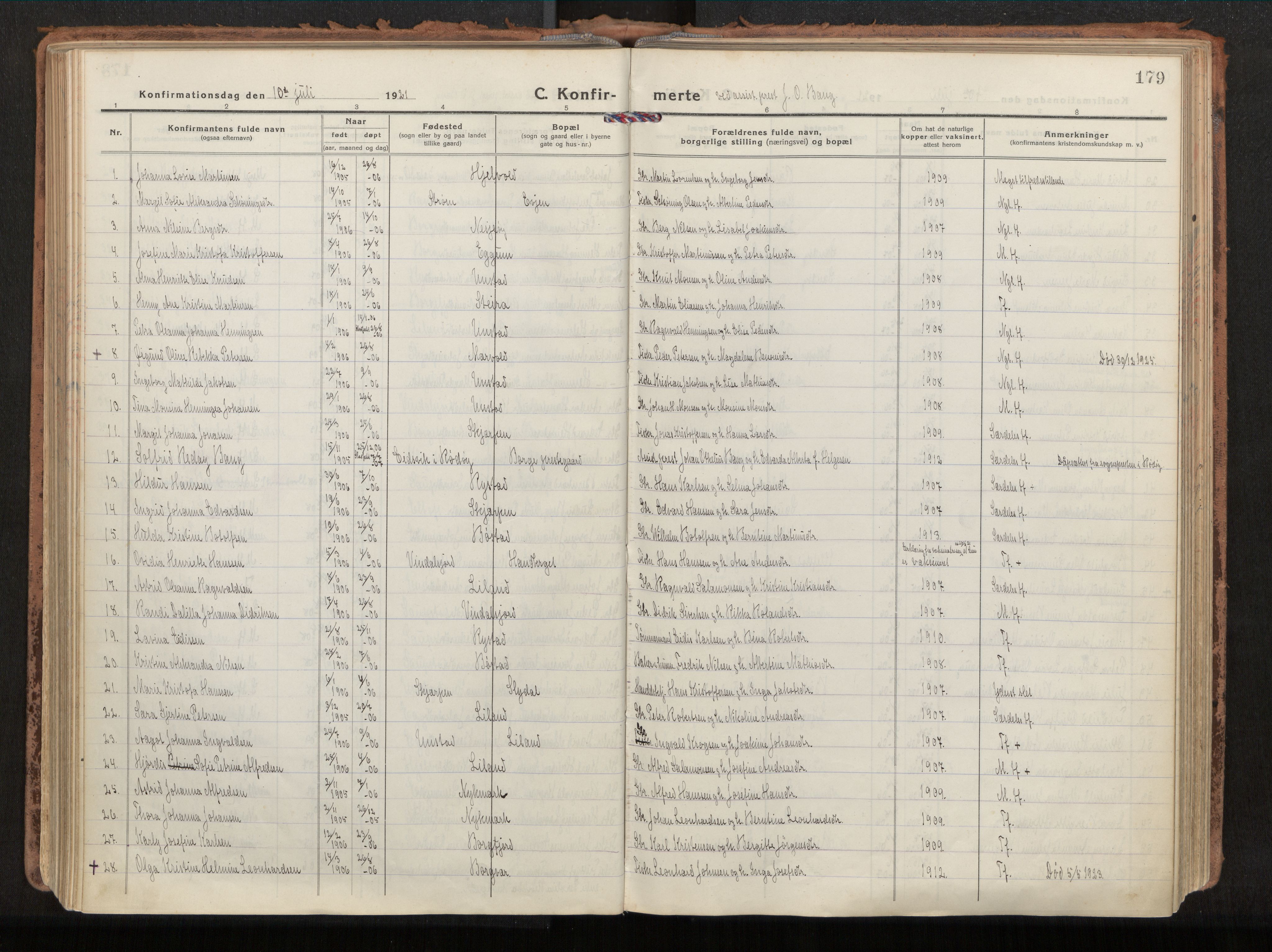 Ministerialprotokoller, klokkerbøker og fødselsregistre - Nordland, AV/SAT-A-1459/880/L1136: Parish register (official) no. 880A10, 1919-1927, p. 179