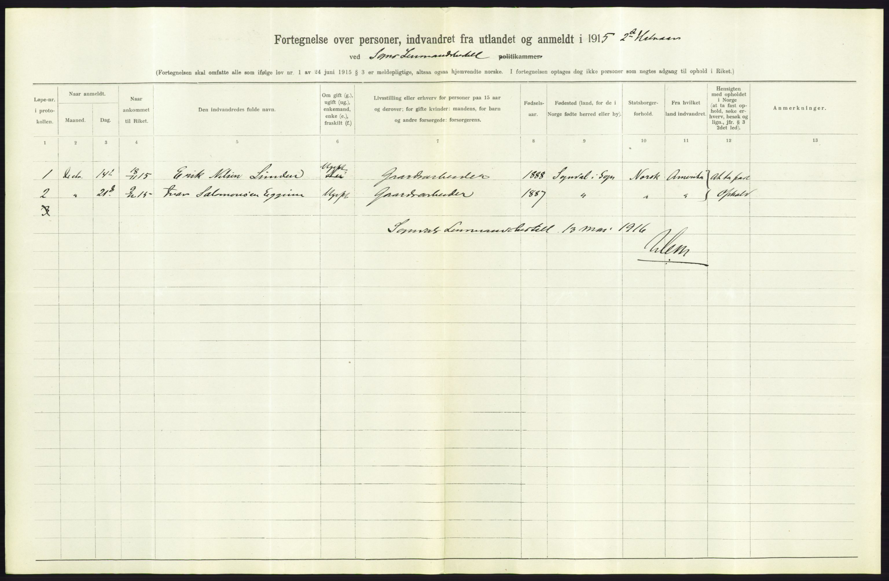 Statistisk sentralbyrå, Sosioøkonomiske emner, Folketellinger, boliger og boforhold, AV/RA-S-2231/F/Fa/L0001: Innvandring. Navn/fylkesvis, 1915, p. 450