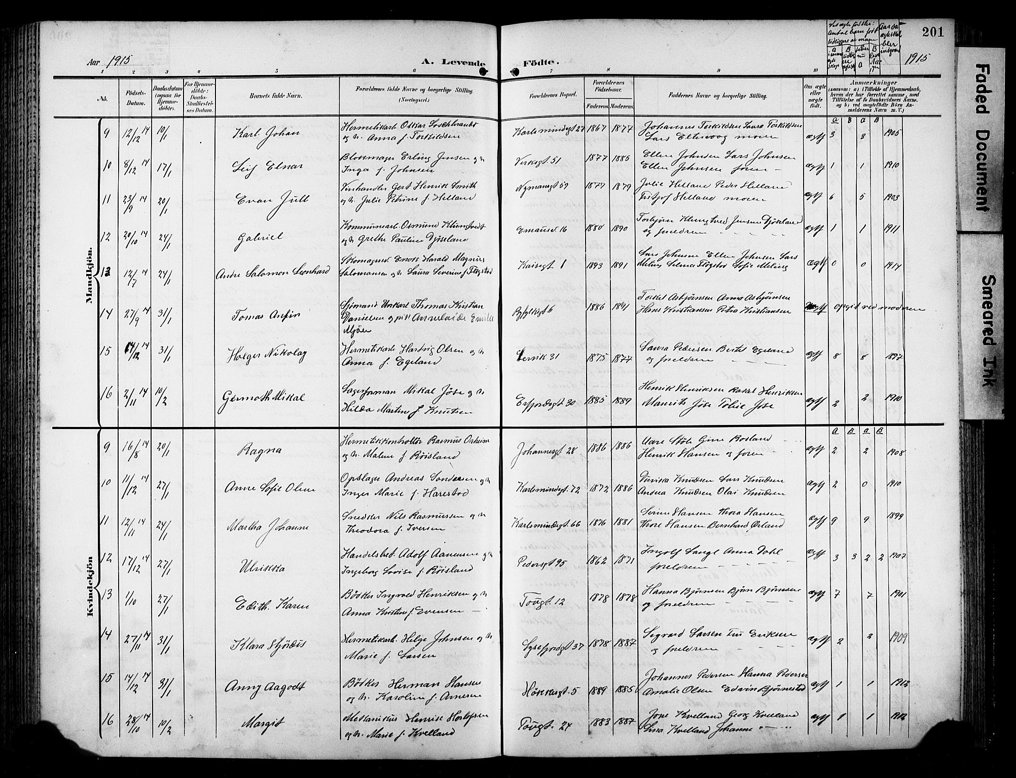 St. Johannes sokneprestkontor, SAST/A-101814/001/30/30BB/L0006: Parish register (copy) no. B 6, 1907-1917, p. 201